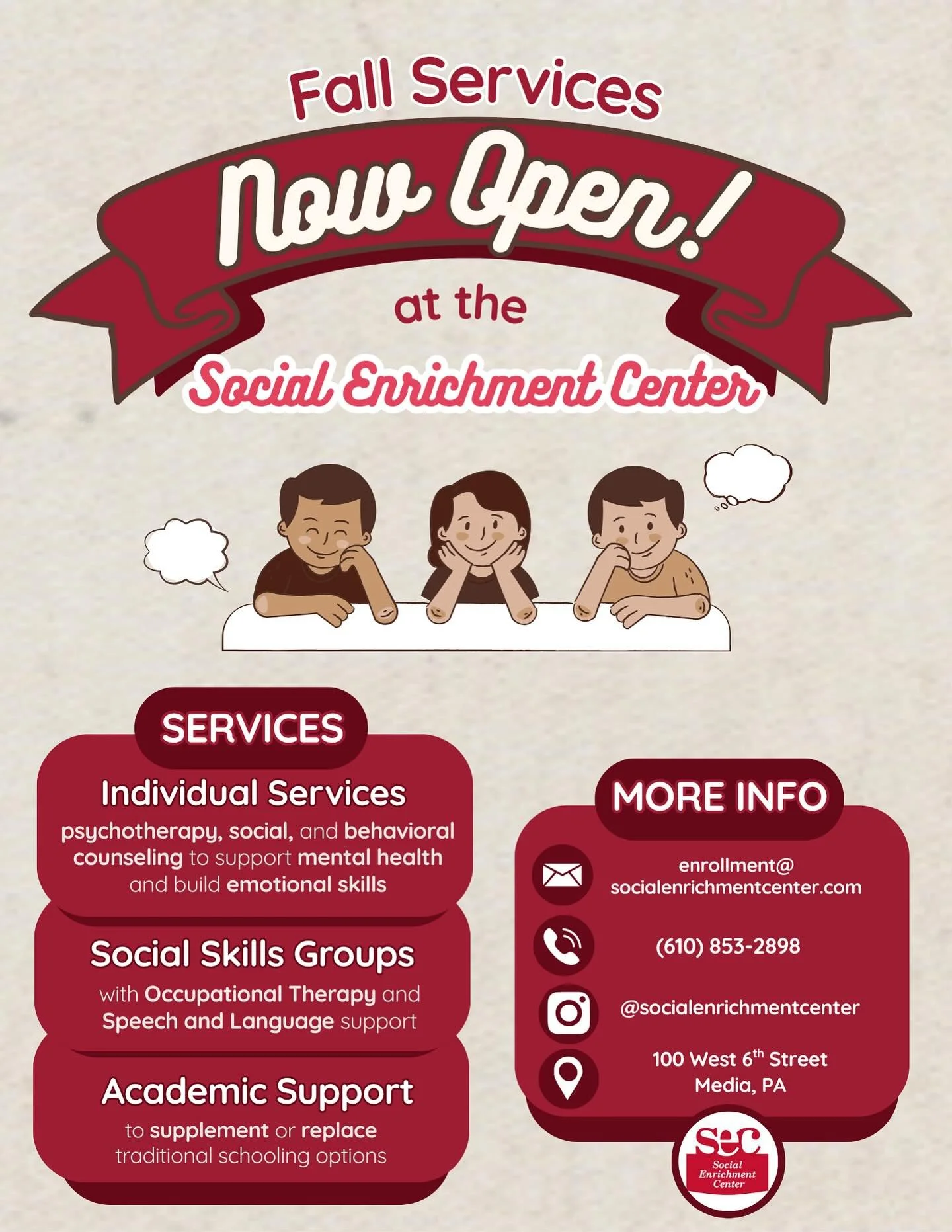 📣 The Social Enrichment Center is accepting new clients! 📣 SEC offers individual and group services in a variety of areas, including psychotherapy, behavioral support, social support, and MORE! We also offer ancillary services to bolster your child