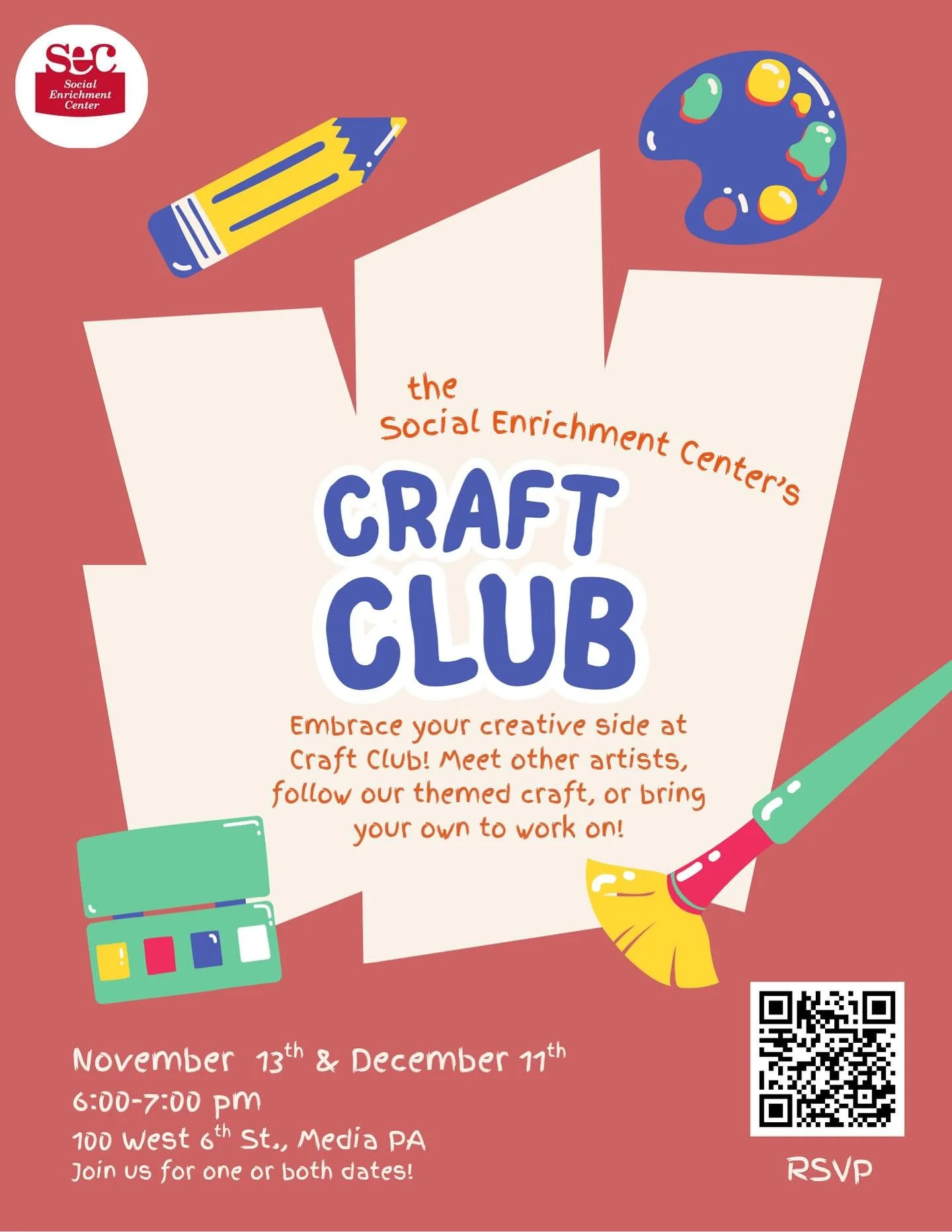 Calling all creatives!! 📢📢 Join us for Craft Club at The Social Enrichment Center!! This club is open to all ages and all skill level! Craft Club will be hosted by a therapeutic facilitator leading a new themed craft each session. Feel free to foll