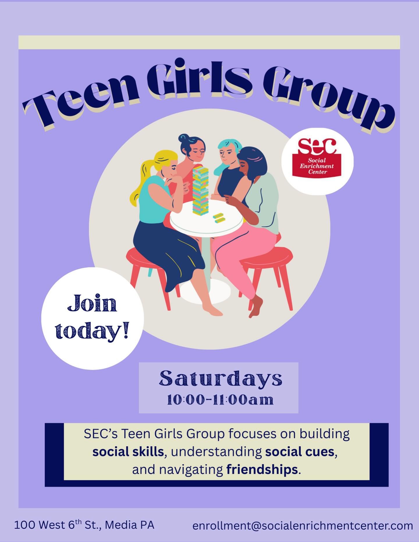 Openings are available for our teen girl&rsquo;s group on Saturdays! With a primary focus on building social skills, this group provides an opportunity to practice these skills with peers while receiving the support and feedback of a therapeutic faci