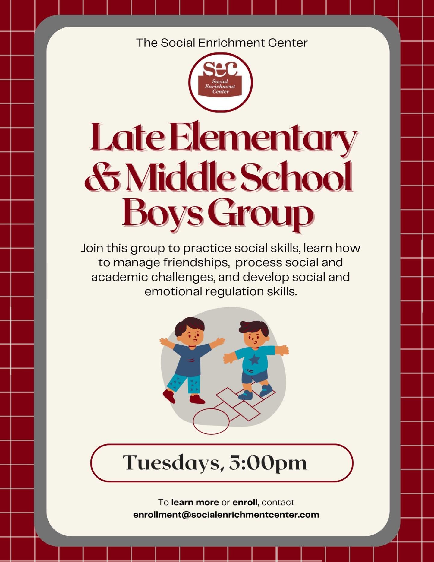 Check it out 👀 Late elementary and middle school-aged boys are invited to join our social skills group on Thursdays from 5:00-6:00! Build and practice those key social skills while making friends and having fun! To learn more about this group, visit