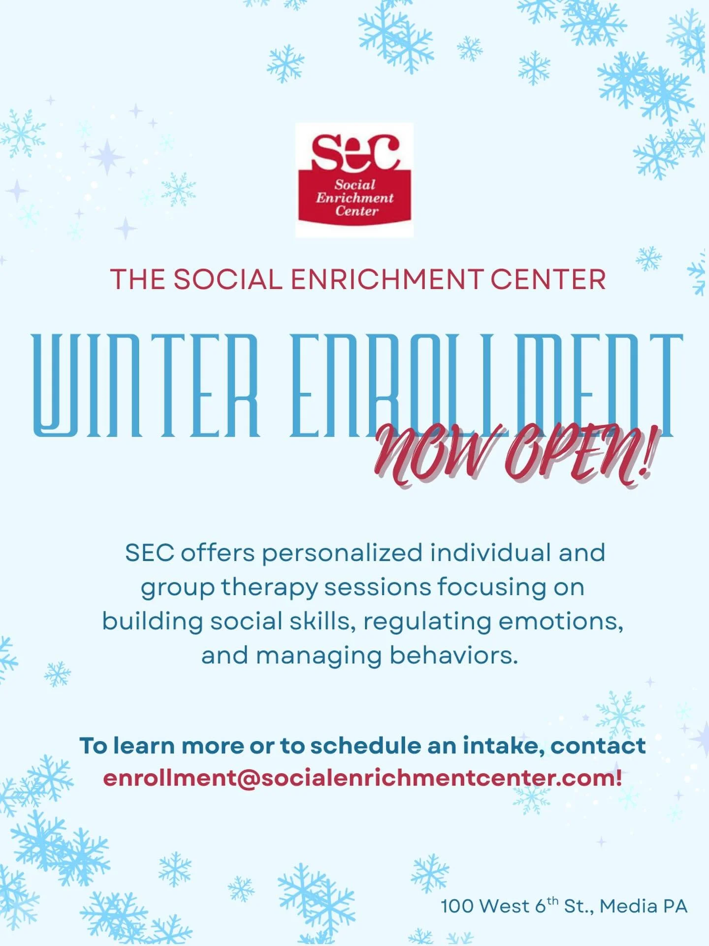 Happy New Year SEC family! We are happy to announce our winter enrollment is now OPEN for individual and group sessions! To learn more about what SEC has to offer, or to schedule an intake, please reach out to enrollment@socialenrichmentcenter or vis