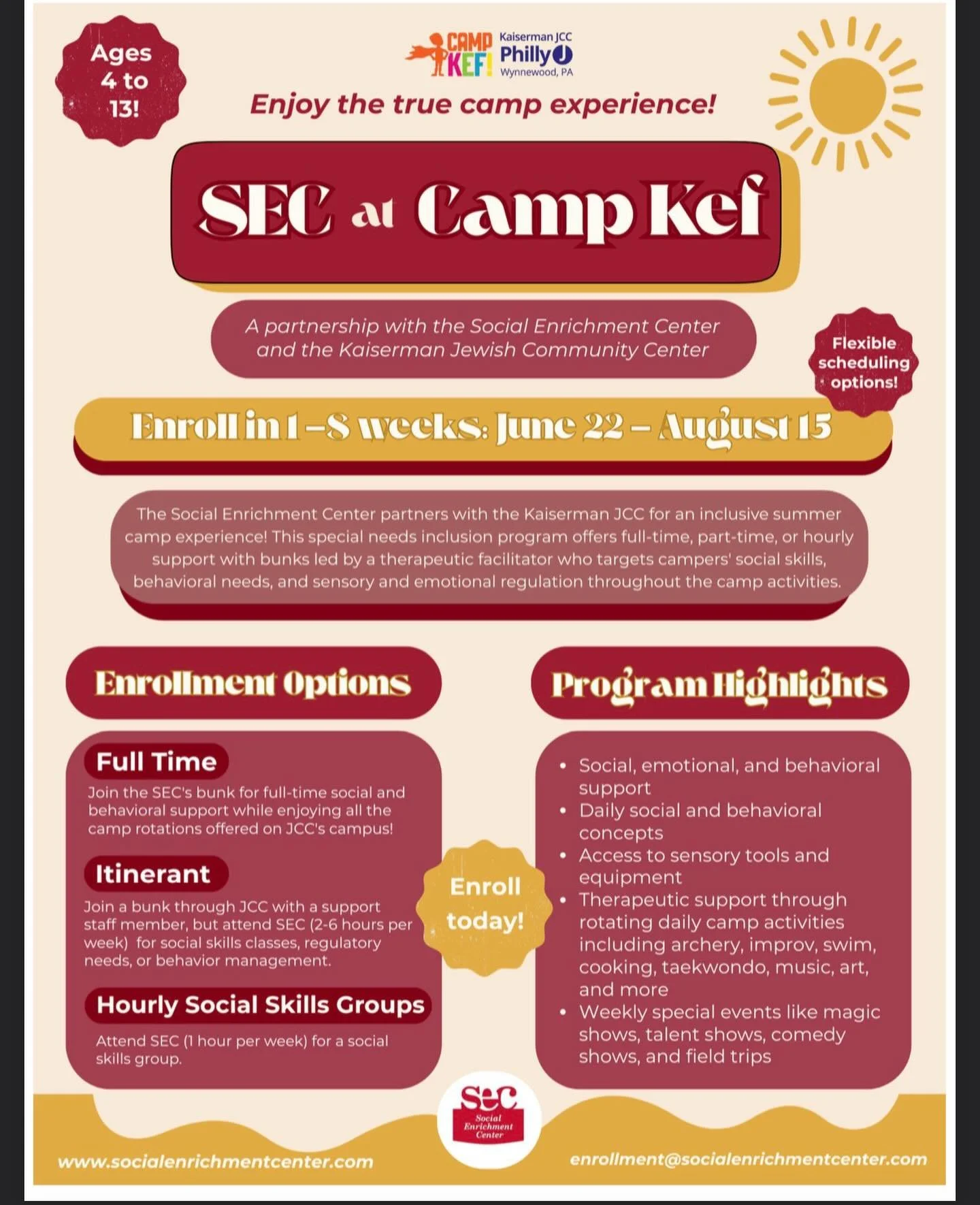 The Social Enrichment Center is excited to continue partnering with the Kaiserman Jewish Community Center @kaisermanjcc to provide a unique summer camp experience! SEC staff at Camp Kef provide therapeutic support for the development of social skills