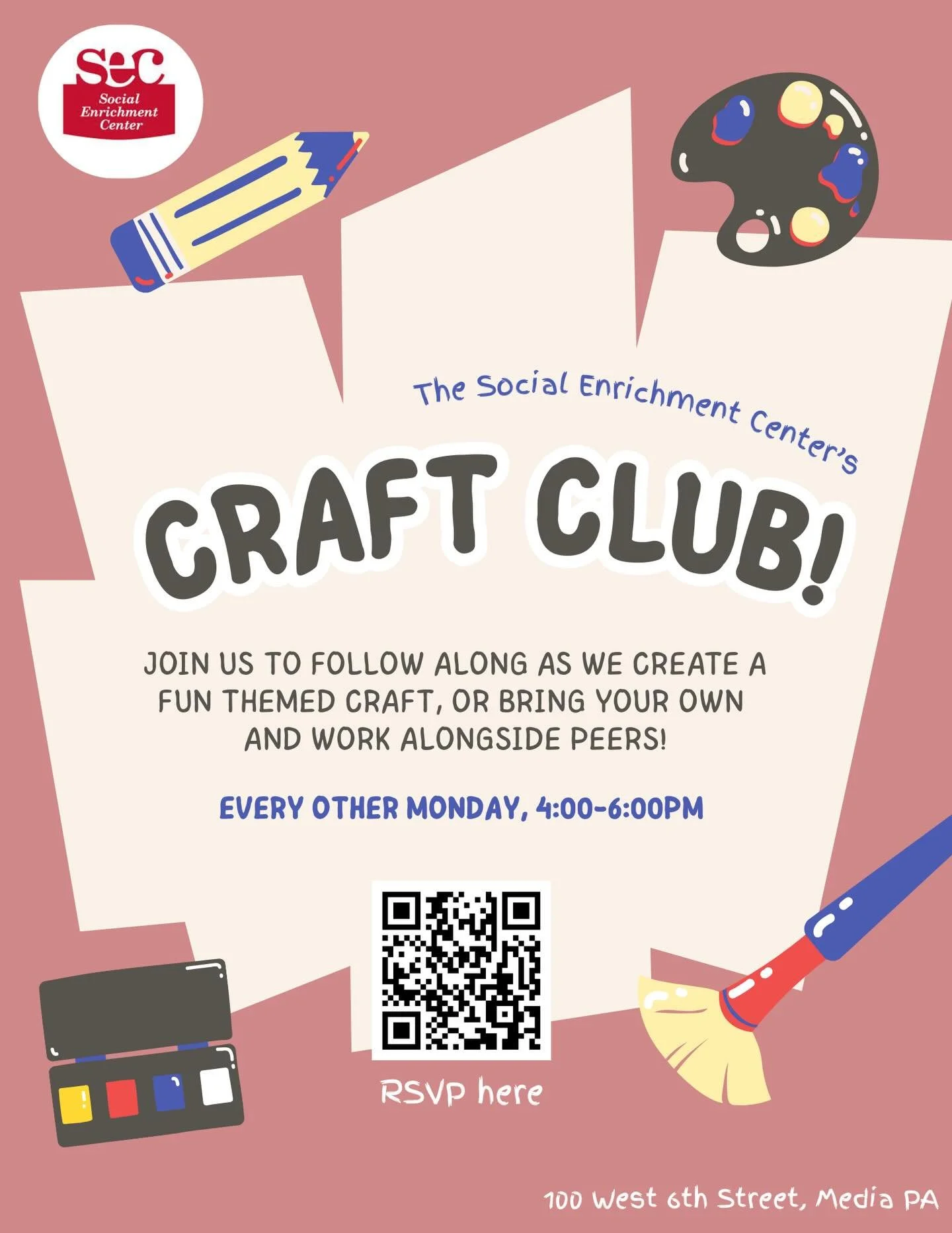 Our Craft Club is open to all SEC clients 🎉🥳 SEC clubs provide intermittent therapeutic support while clients follow a structured activity and enjoy self-directed creative time. Register by scanning the QR code! #artclub #craftclub #creatives #delc