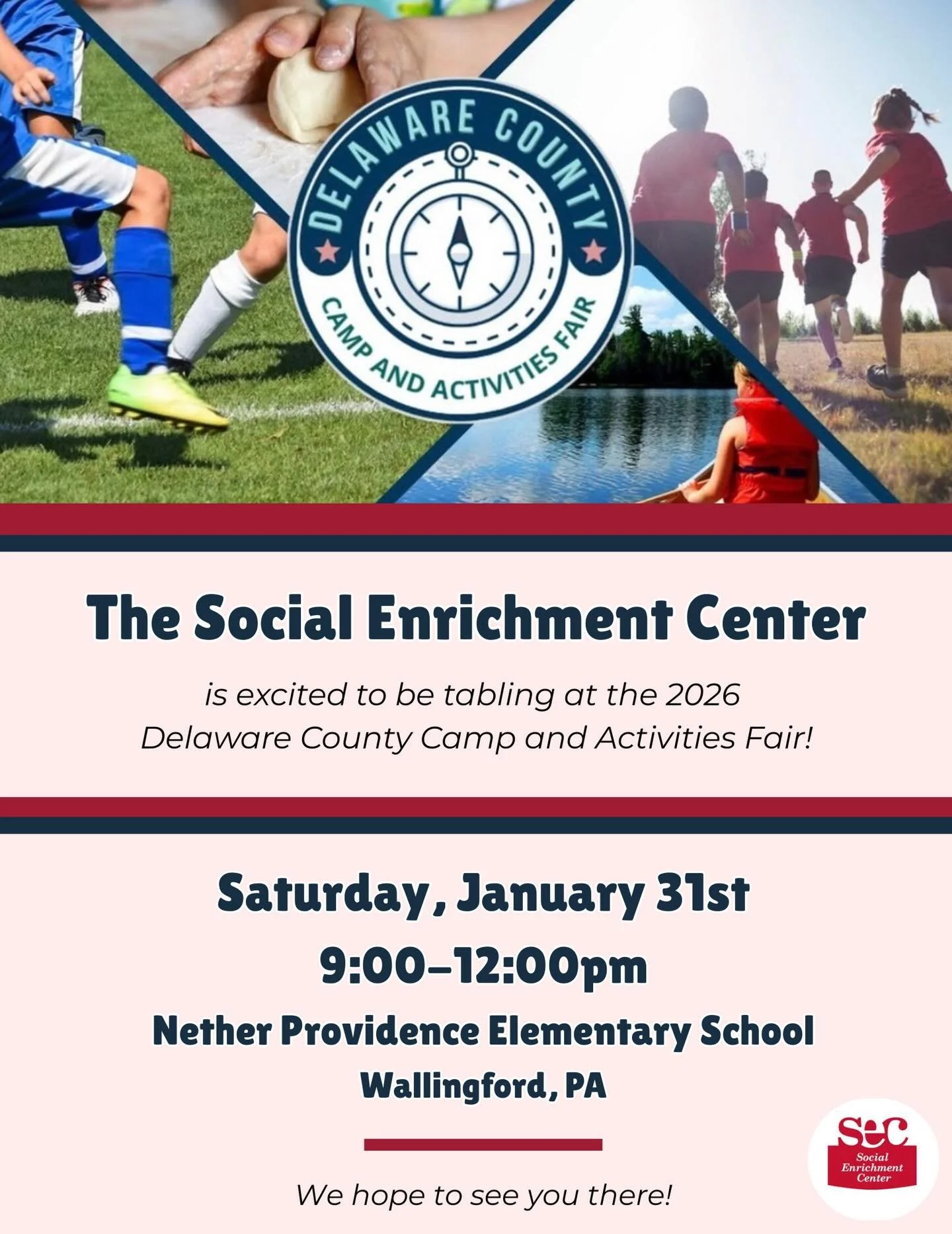 Come stop by at the @delcocampfair event tomorrow at Nether Providence Elementary! SEC is excited to be sharing all about our inclusive summer camp options ☀️ For more information about our summer ESY program and our summer camp program at Camp Kef, 