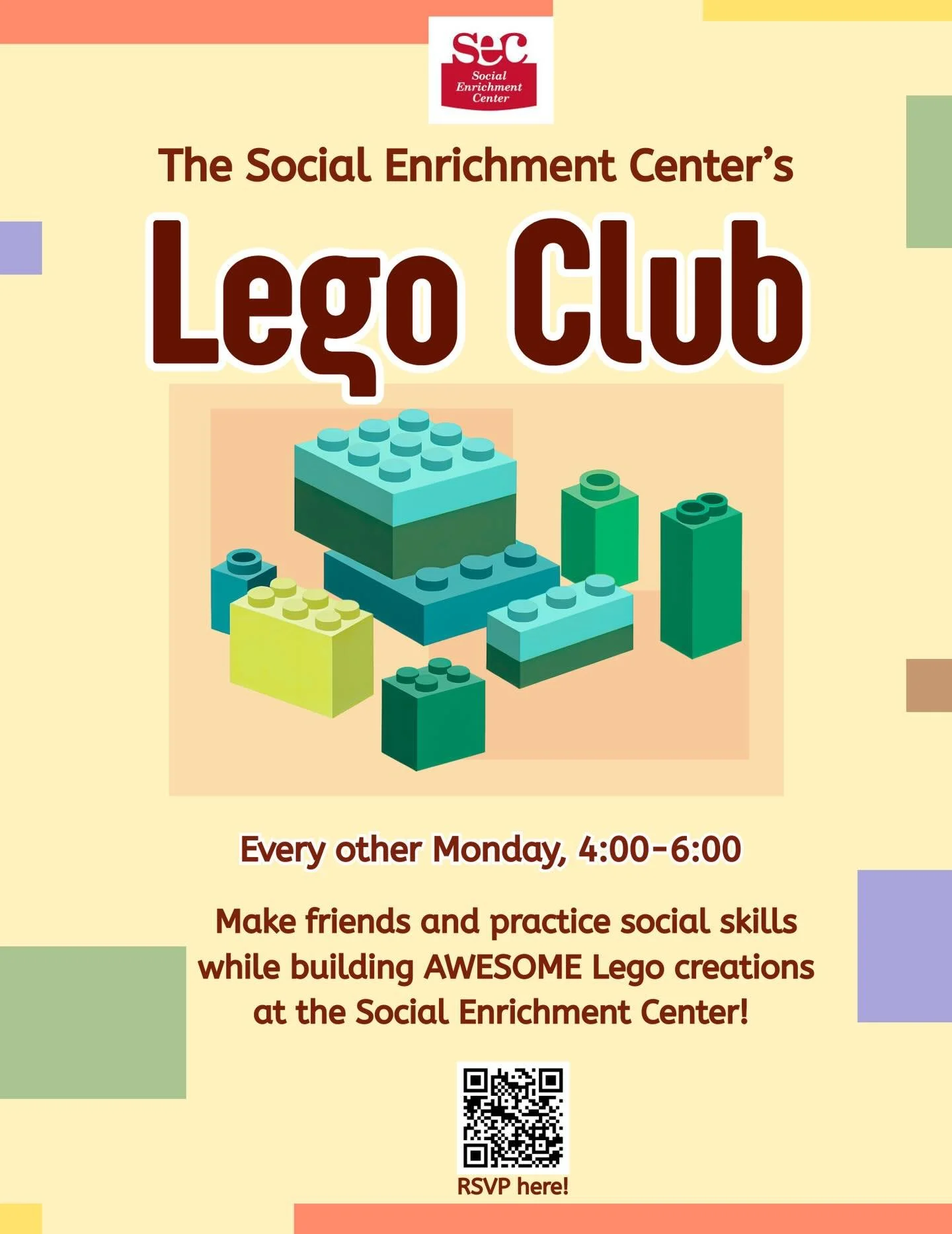 Starting TONIGHT for SEC clients! 🧱 Do you have a kid that LOVES Legos? Would your kid love to build while chatting with others who share that passion? The Social Enrichment Center is continuing to host Lego Club on every other Monday from 4:00-6:00