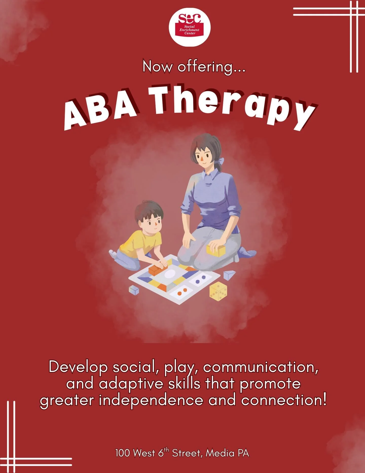 SEC is excited to announce that we are now offering ABA services! 👏 ABA is a is a behavior-based therapeutic model that focuses on building functional, independent behaviors through positive reinforcement. While typically utilized to support those w