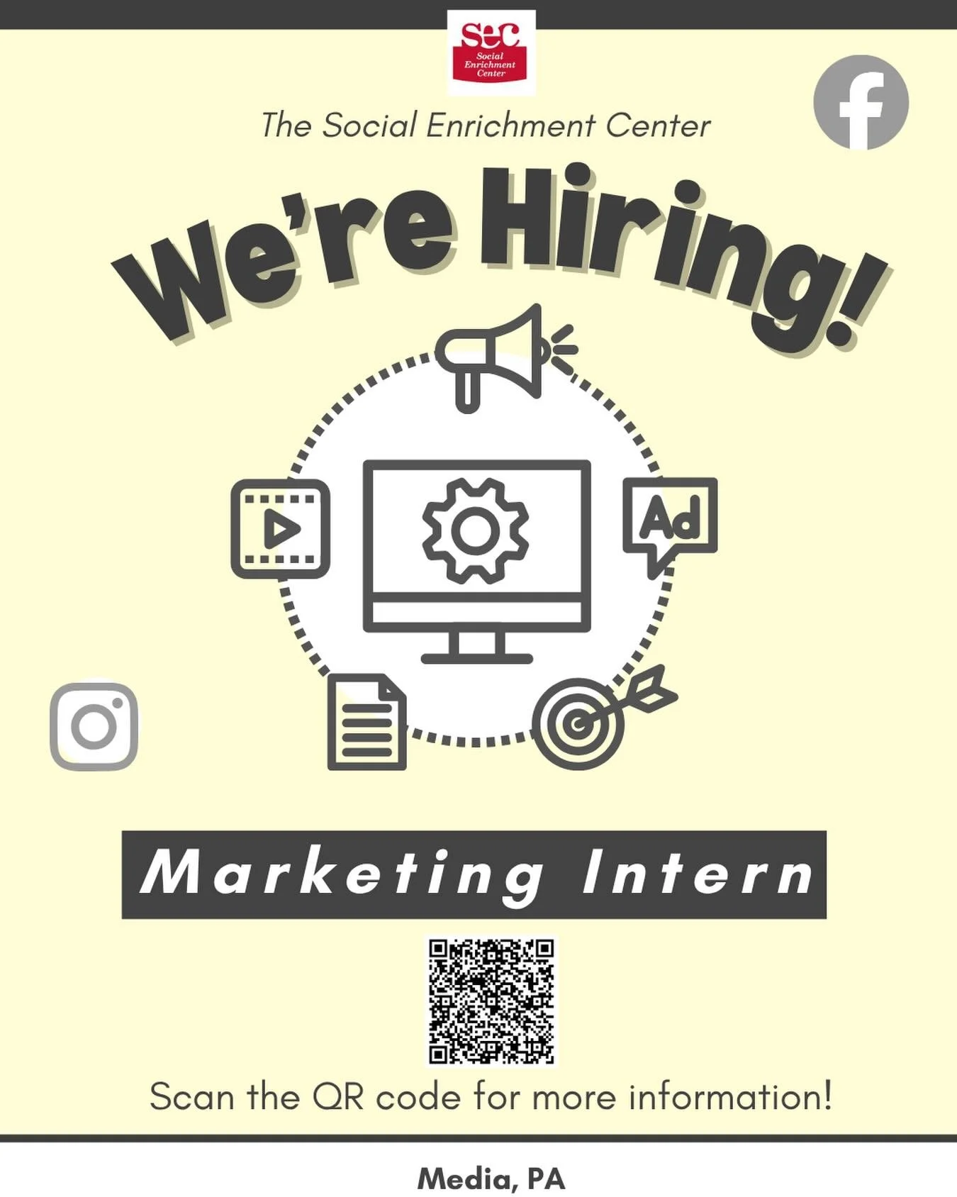 WE&rsquo;RE HIRING 📢 Are you looking for an opportunity to work with an interdisciplinary team, build your social media and marketing skills, and make a difference in the lives of children and adolescents? Scan the QR code to apply to our Marketing 