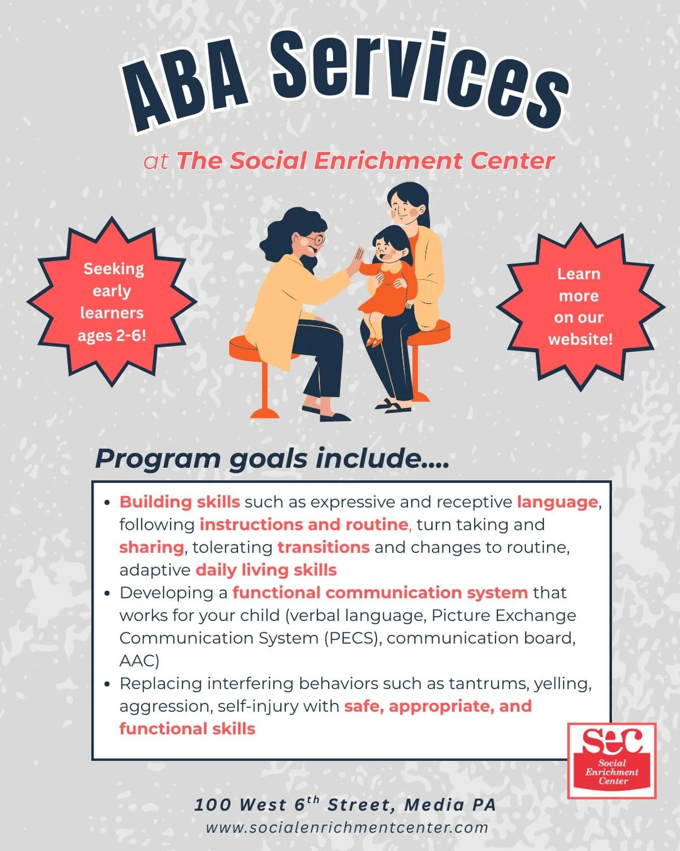 ✨ Introducing ABA services at The Social Enrichment Center ✨ Looking for support with social skills, communication, or behavior? ABA may be a great option for your kid or teen! Learn more about the benefits of goals of ABA on our website, and reach o