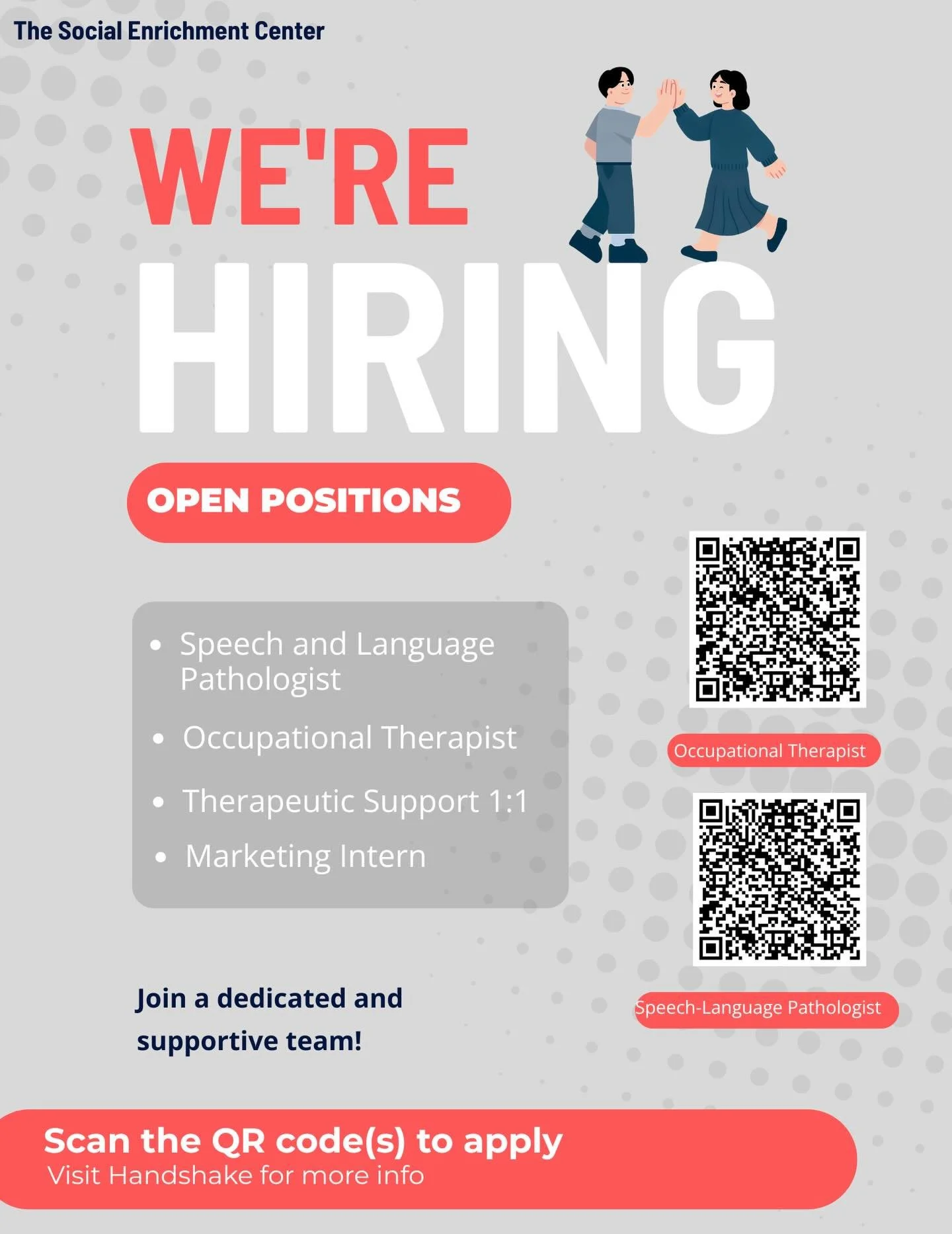 WE&rsquo;RE HIRING ‼️ The Social Enrichment Center is seeking a dedicated and experienced Occupational Therapist and Speech and Language Pathologist. We are also still accepting applications for our Marketing Internship and our 1:1 Therapeutic Suppor