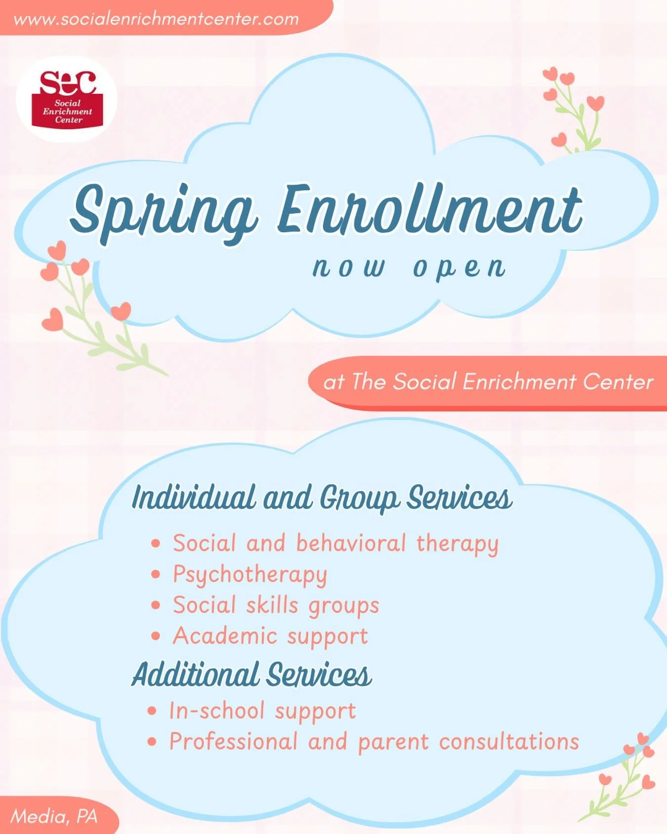 Spring has officially sprung at The Social Enrichment Center 🌷 Embrace the new season as a chance to grow social, emotional, and behavioral skills at SEC! We are happy to continue providing individual and group services tailored to each client&rsquo