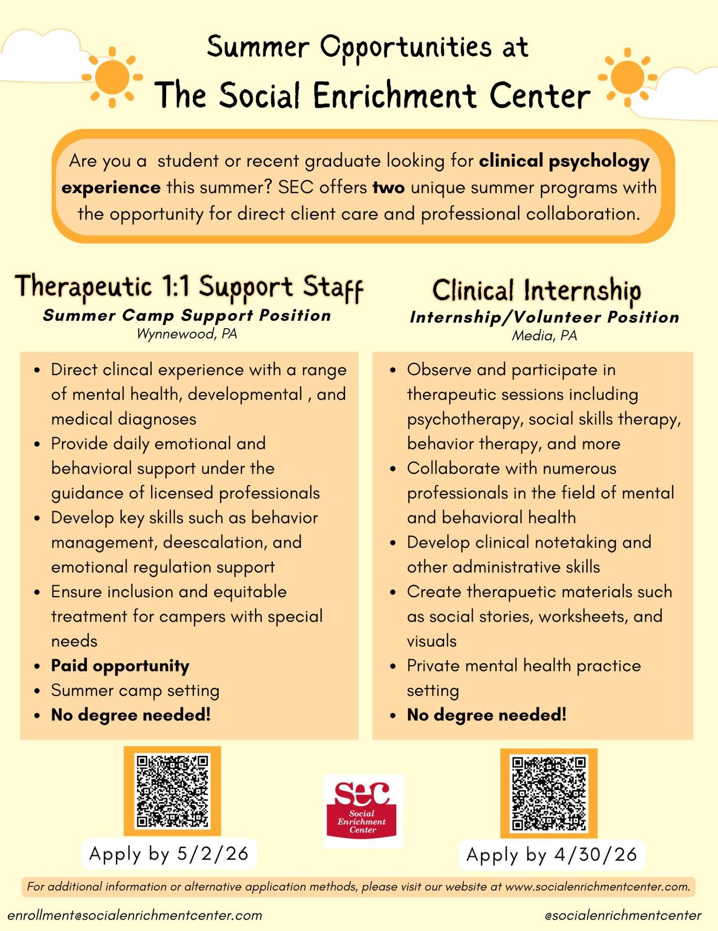 ☀️ Looking for a summer job? ☀️ Look no further than The Social Enrichment Center! We&rsquo;re a private mental health practice specializing in social and behavioral therapy and we&rsquo;re providing two unique summer opportunities for those looking 