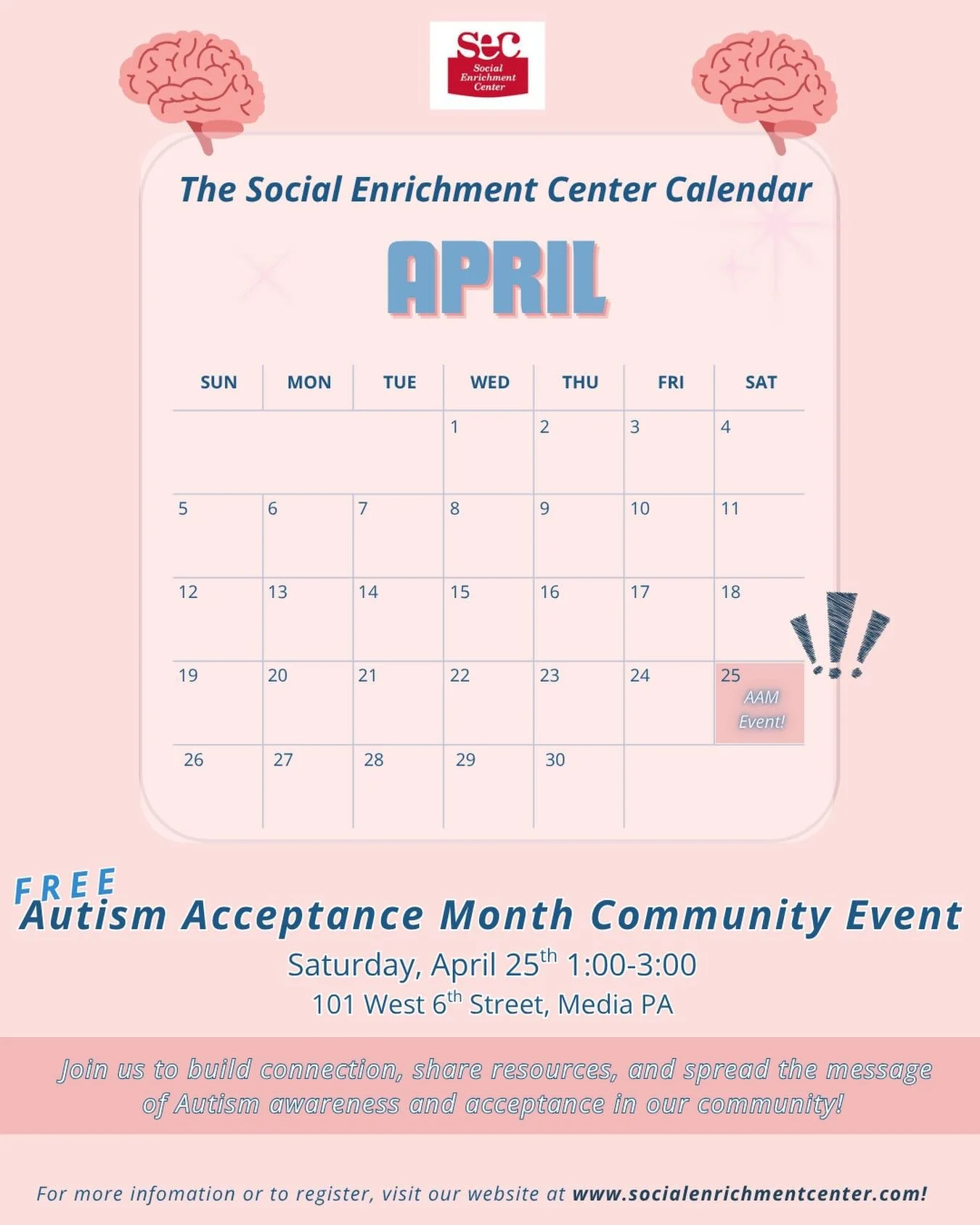 THIS SATURDAY: The Social Enrichment Center&rsquo;s Autism Acceptance Month community event! We are so excited to host fun games including board games and trivia, complete with prizes and snacks! Participants can also enjoy music, bubbles, crafts, an
