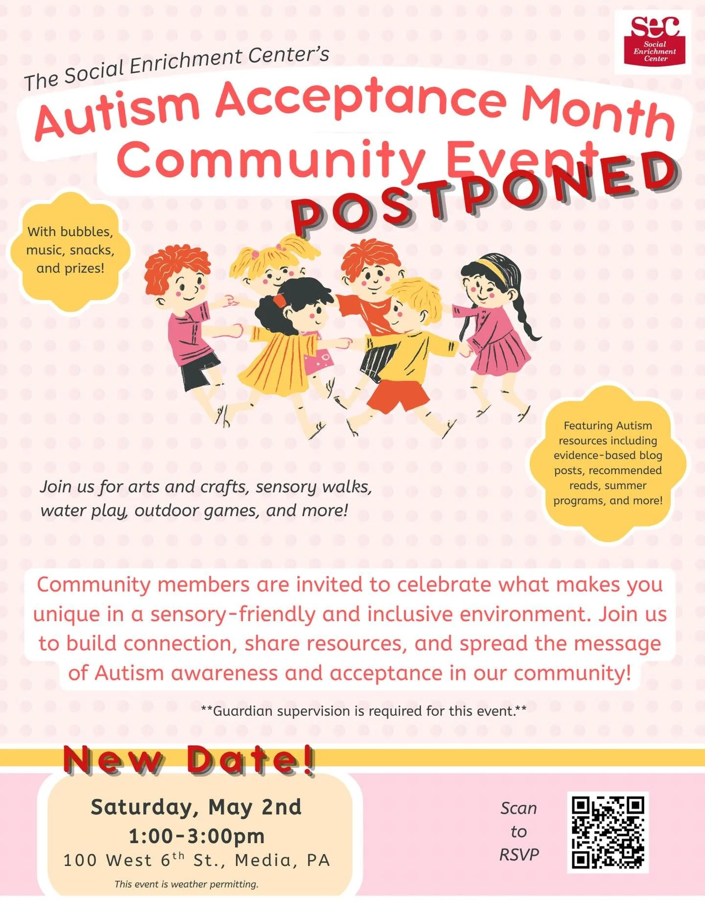 Our Autism Acceptance Month event is POSTPONED to next Saturday, May 2nd, at the same time and location! We won&rsquo;t let any weather get in the way of our fun! 🥳 
If you have already registered for the event, you do not need to register again! If