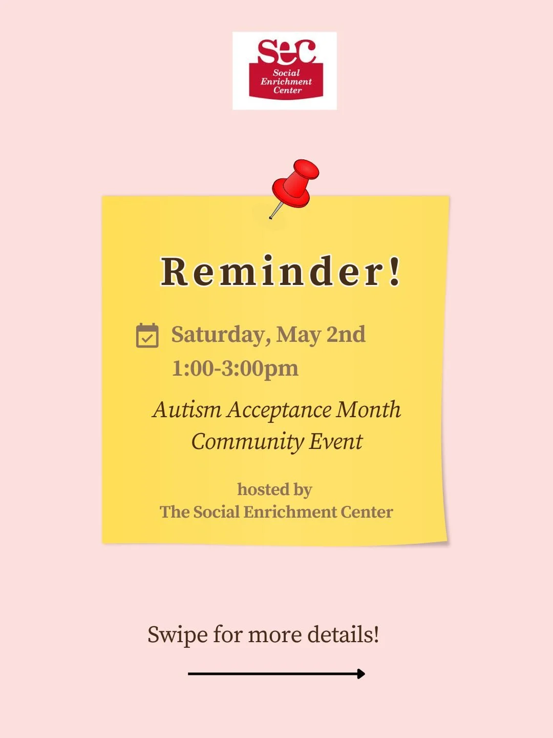 THIS SATURDAY 🌸♾️ The Social Enrichment Center is so excited to host our Autism Acceptance Month event! Join us to share resources, build community, and have fun while learning and celebrating what makes us all unique. It is not too late to sign up 