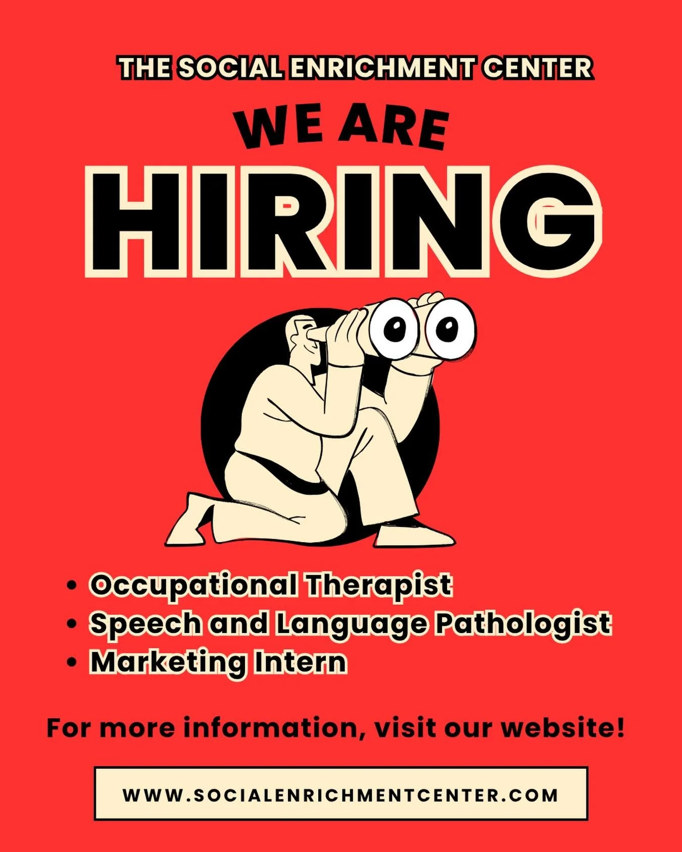 The Social Enrichment is hiring!! Interested in being our new Marketing Intern, Occupational Therapist, or Speech-Language Pathologist? Learn more about who we&rsquo;re looking for by visiting our website or searching &ldquo;The Social Enrichment Cen
