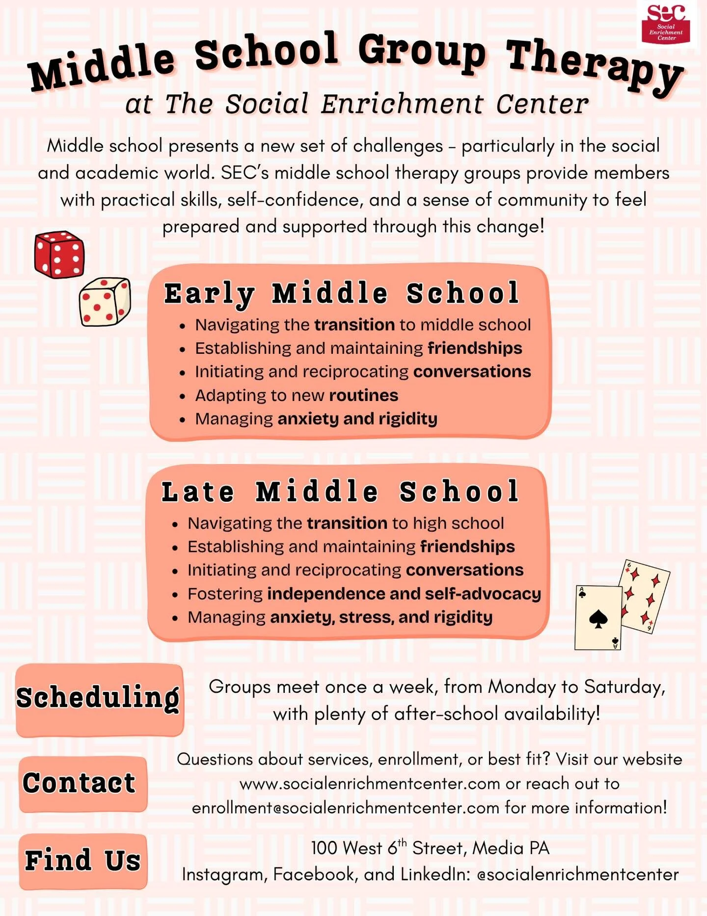 SEC&rsquo;s middle school groups will be continuing throughout the summer! 👏 The summer is a great time to prepare for the transition to middle or high school and build skills that will help in the classroom and beyond. Learn how to make and maintai