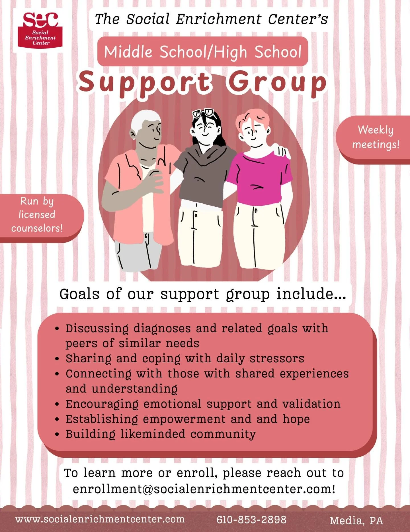 We are seeking middle and high school students for our new support group! Focusing less on active treatment and psychoeducation, our support group is a great option for those who have built their skills and are looking for an outlet and a community o