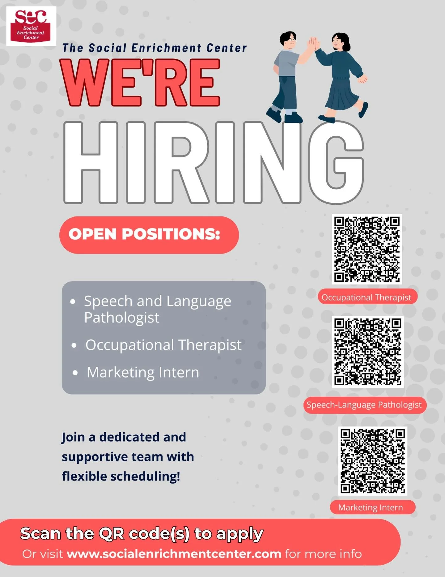 The Social Enrichment Center is in search of an #occupationaltherapist and a #speechlanguagepathologist to join our team in Media, PA! 🤝
The Social Enrichment Center was founded to support individuals, families, schools and community organizations. 