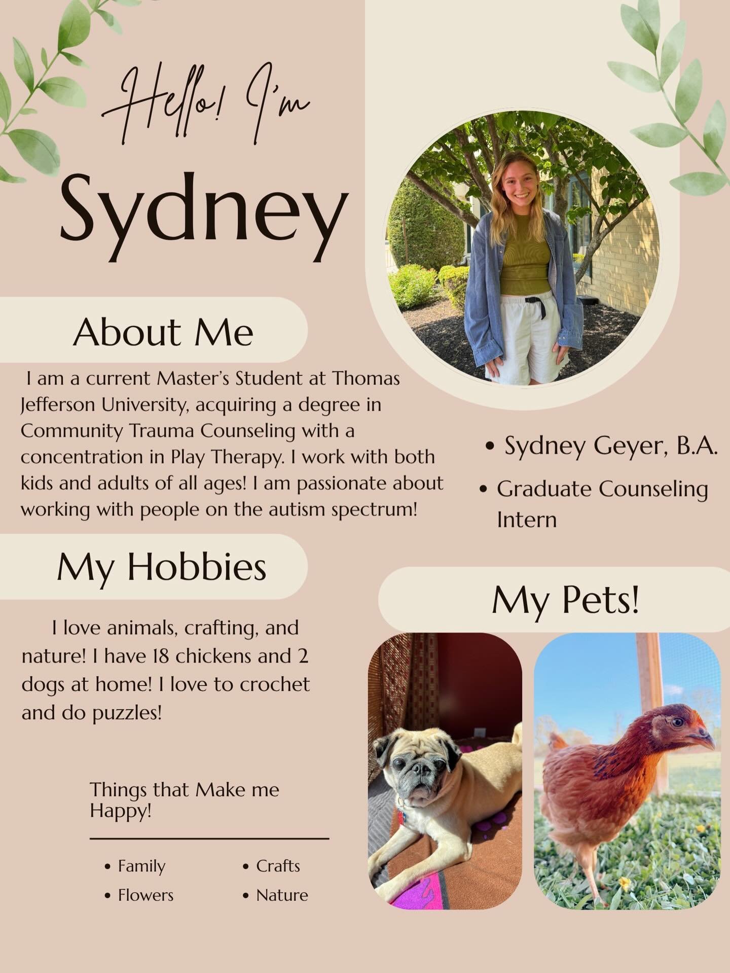 Meet Sydney, our Graduate Counseling Intern! 😊
Sydney Geyer earned her Bachelor of Arts in Psychology from Temple University in 2025. She is currently pursuing a Master&rsquo;s degree in Community Trauma Counseling with a concentration in Play Thera