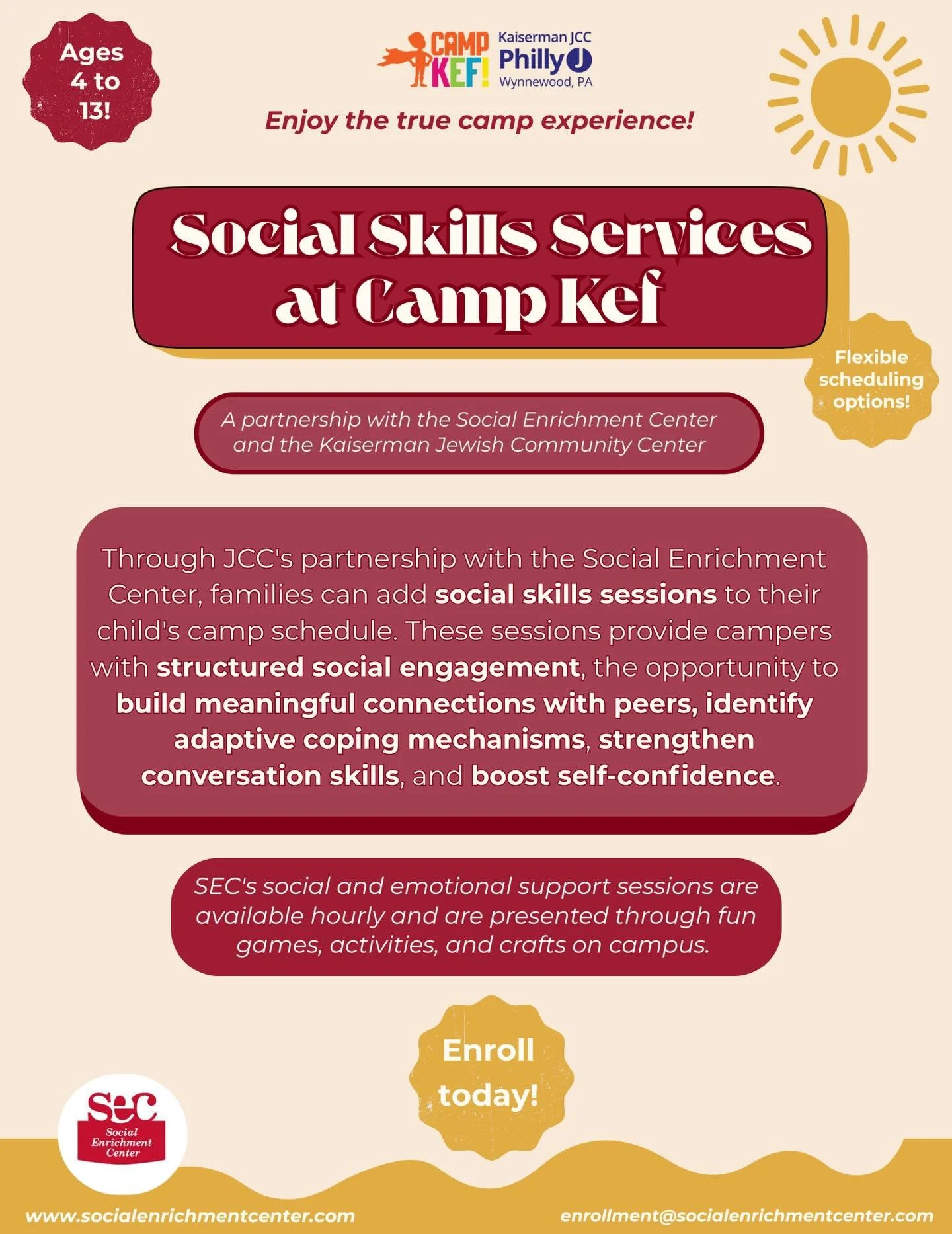 ☀️ One month away! ☀️ For our campers enjoying all of the fun at Camp Kef, The Social Enrichment Center is happy to continue providing social and emotional services on campus! 
Your child can continue to grow their social and emotional skills in smal