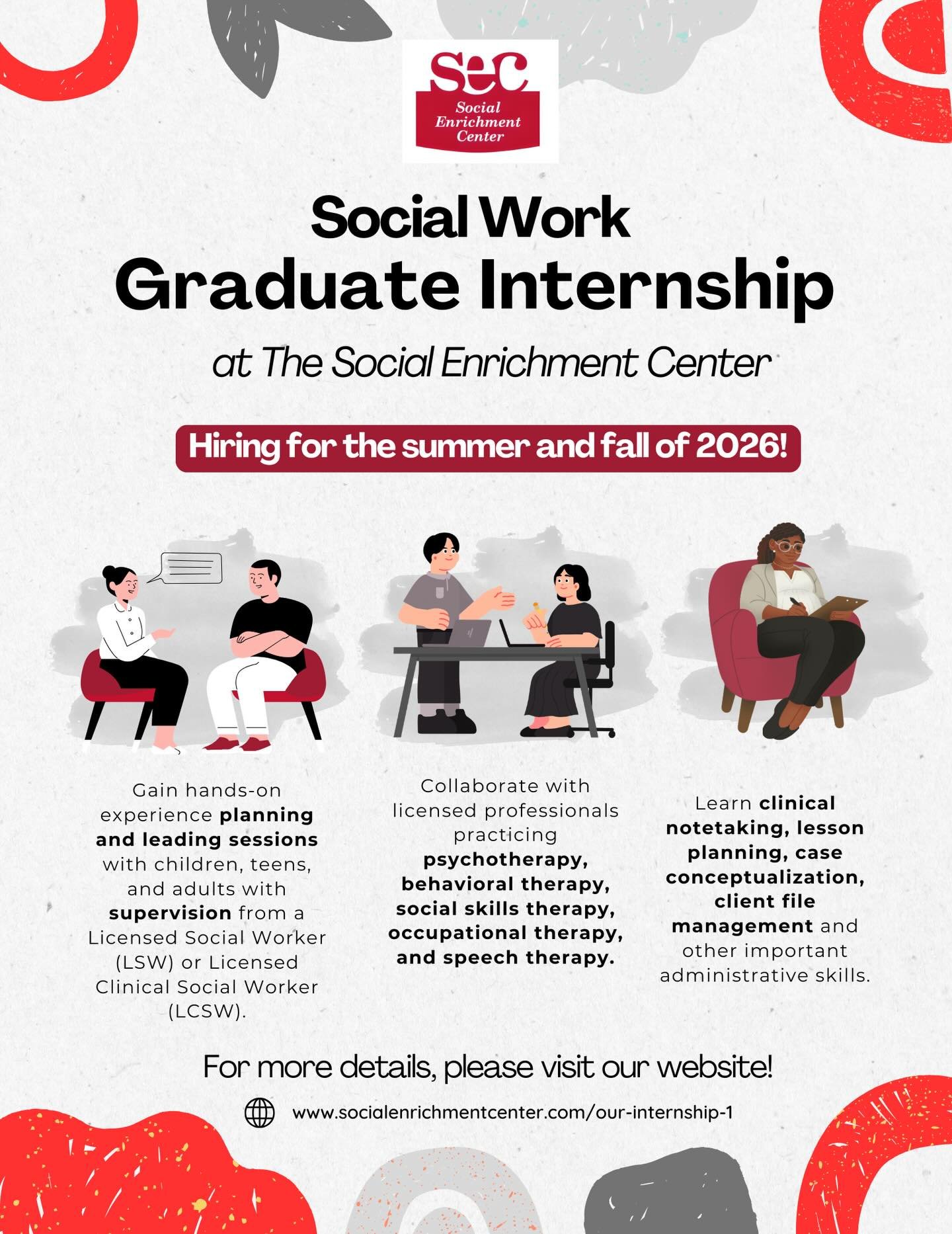 Hey social work students 👀 Did you know The Social Enrichment Center trains grad interns?! 
Our graduate internship is an in-person, multidisciplinary experience providing the ability to lead individual or group sessions as well as observe or assist