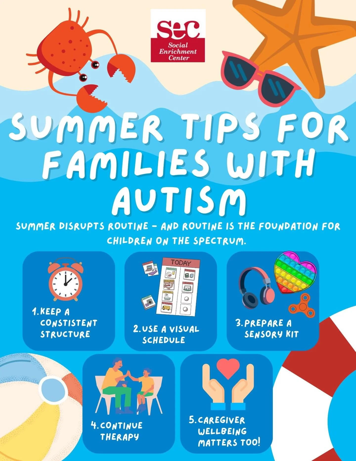 Summer 2026 is all about INCLUSION 😎☀️ 
Take a look at this helpful tips to learn some simple ways you can provide summer support for someone on the Autism spectrum! Want to learn more about specific strategies that will help your child with this tr