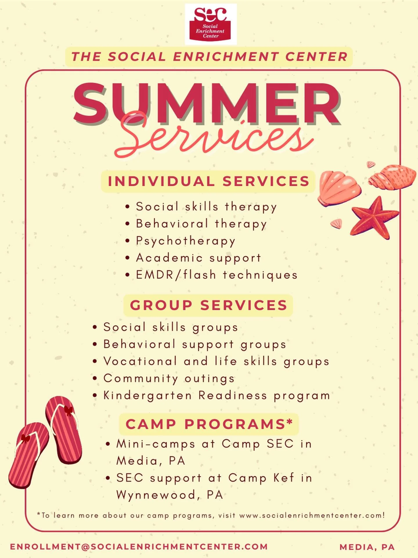 The summer is a great opportunity to practice skill-building while having fun in the sun! Our mini-camps at Camp SEC feature arts and crafts, STEM activities, outdoor games, and even community outings. Plus, our individual and group sessions continue