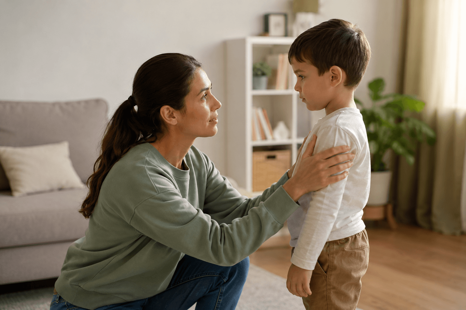 Mother and son having a caring conversation using gentle parenting techniques