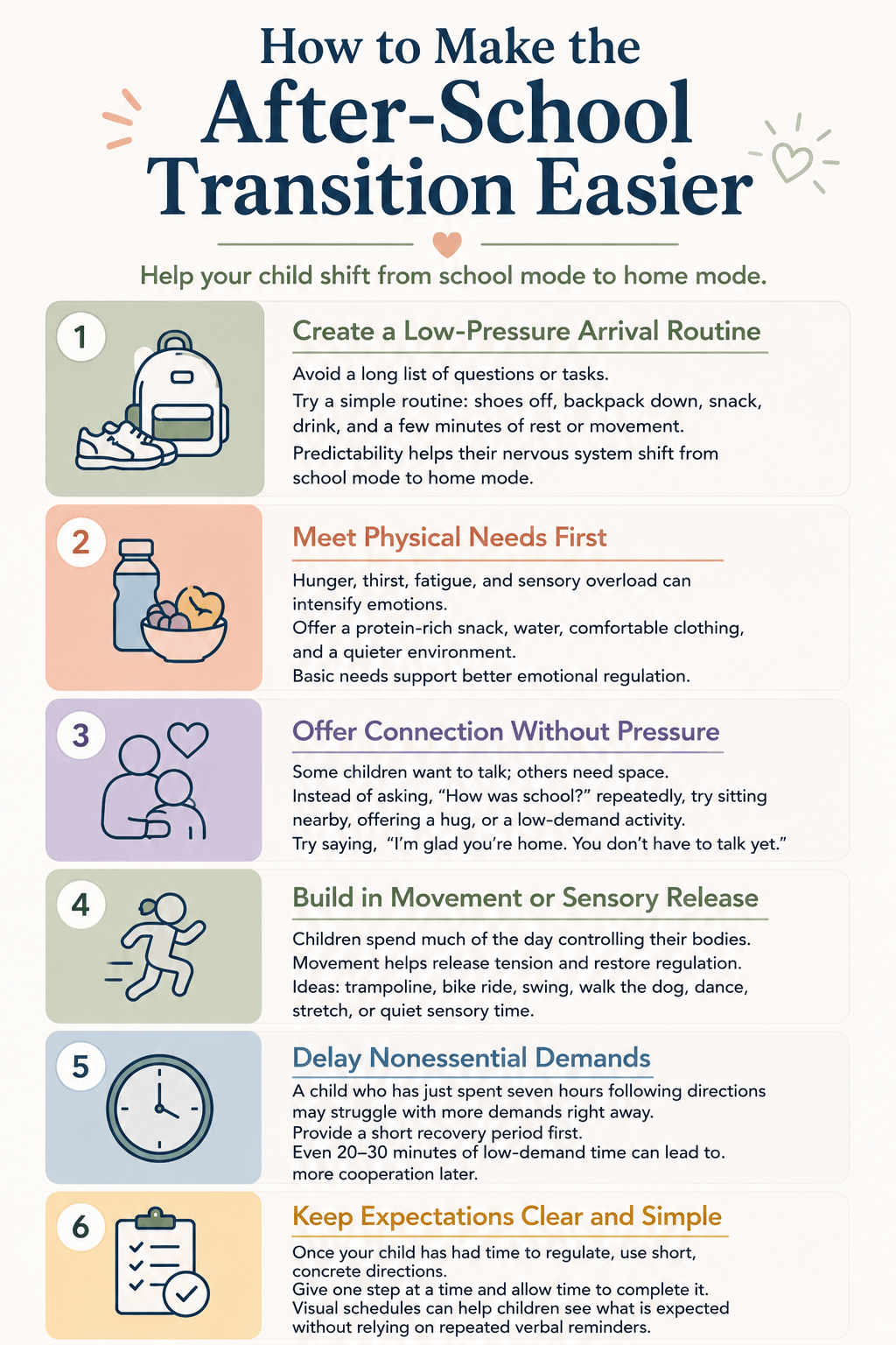 infographic listing ways to make the after school transition easier for kids