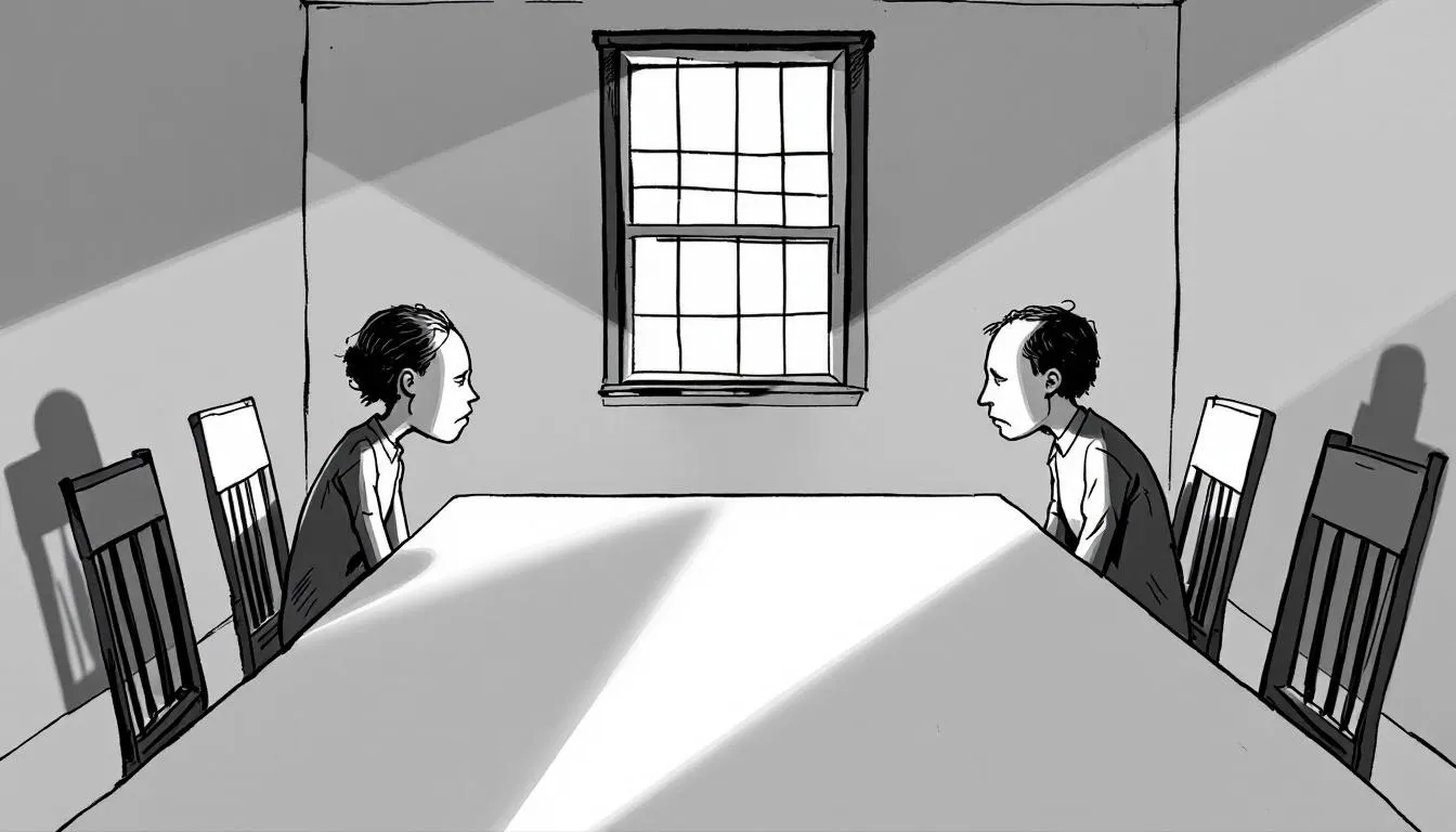 An illustration representing the concept of legal separation, showing a couple living separately but still legally married.