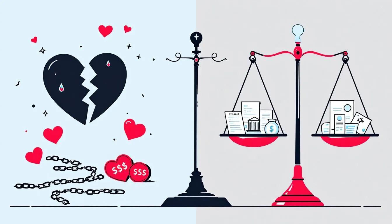 An image depicting the pros and cons of choosing divorce, emphasizing the emotional and financial considerations involved.