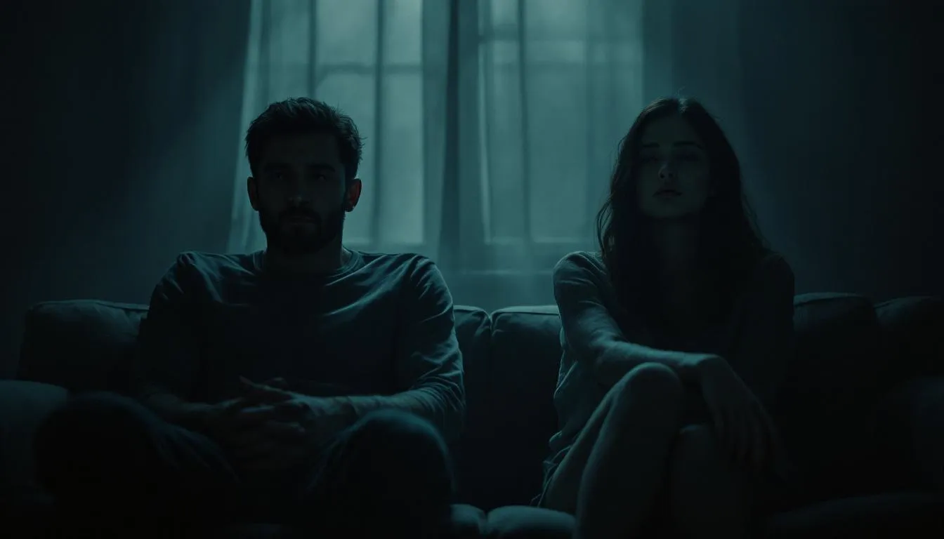 A couple sitting apart in silence, indicating emotional separation.