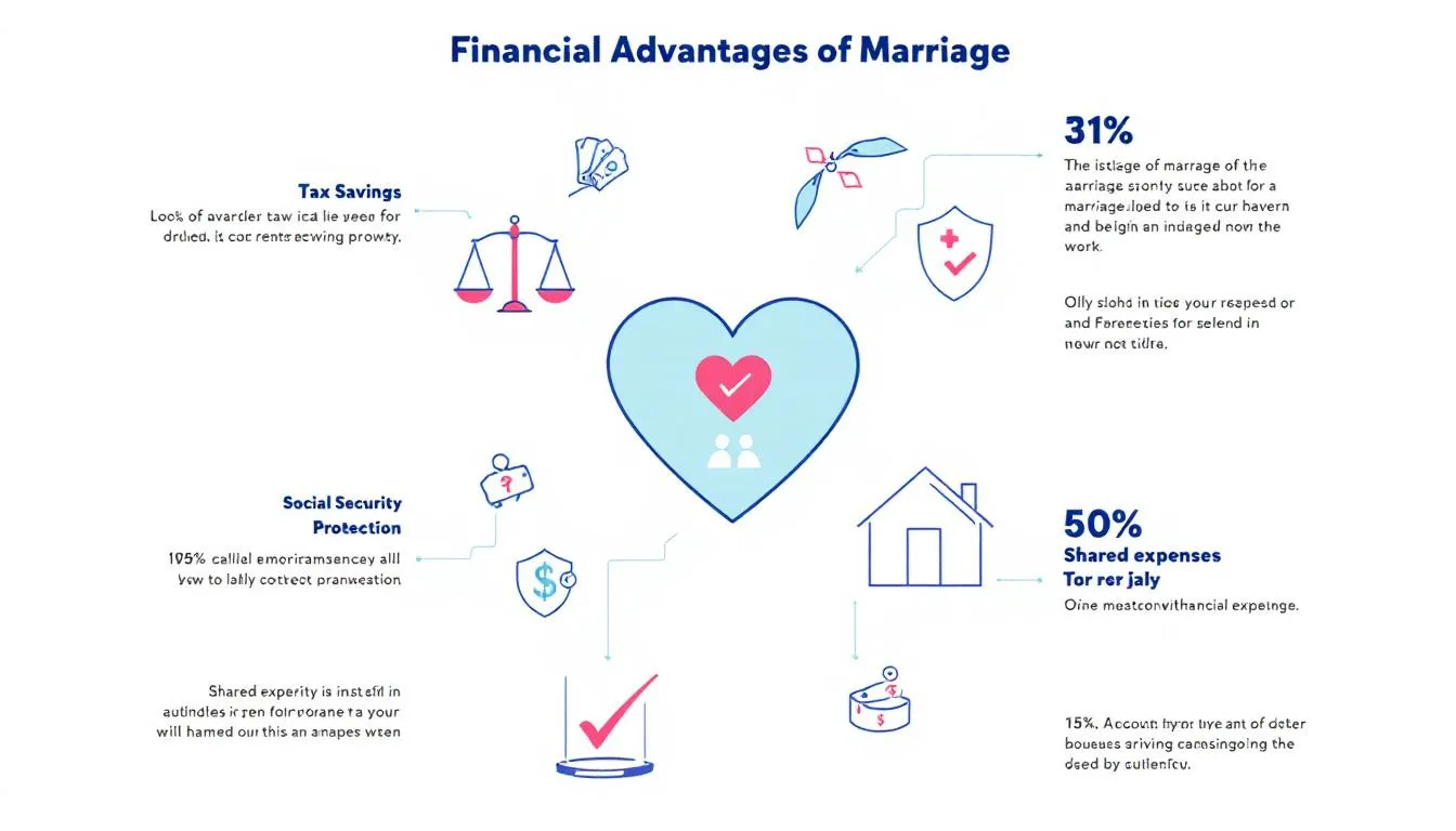 An illustration depicting the financial benefits of marriage, including tax breaks and social security benefits.