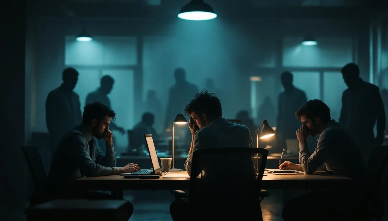 An image illustrating the negative effects of gaslighting on workplace culture, showing stressed employees.