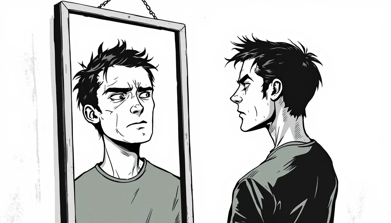An inspiring image illustrating self-esteem, featuring a person looking confidently in the mirror with motivational quotes visible.
