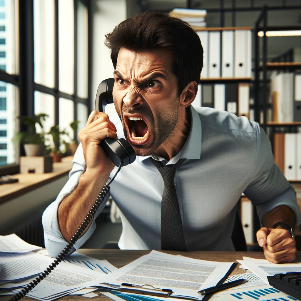 Angry man screaming into phone in his office.