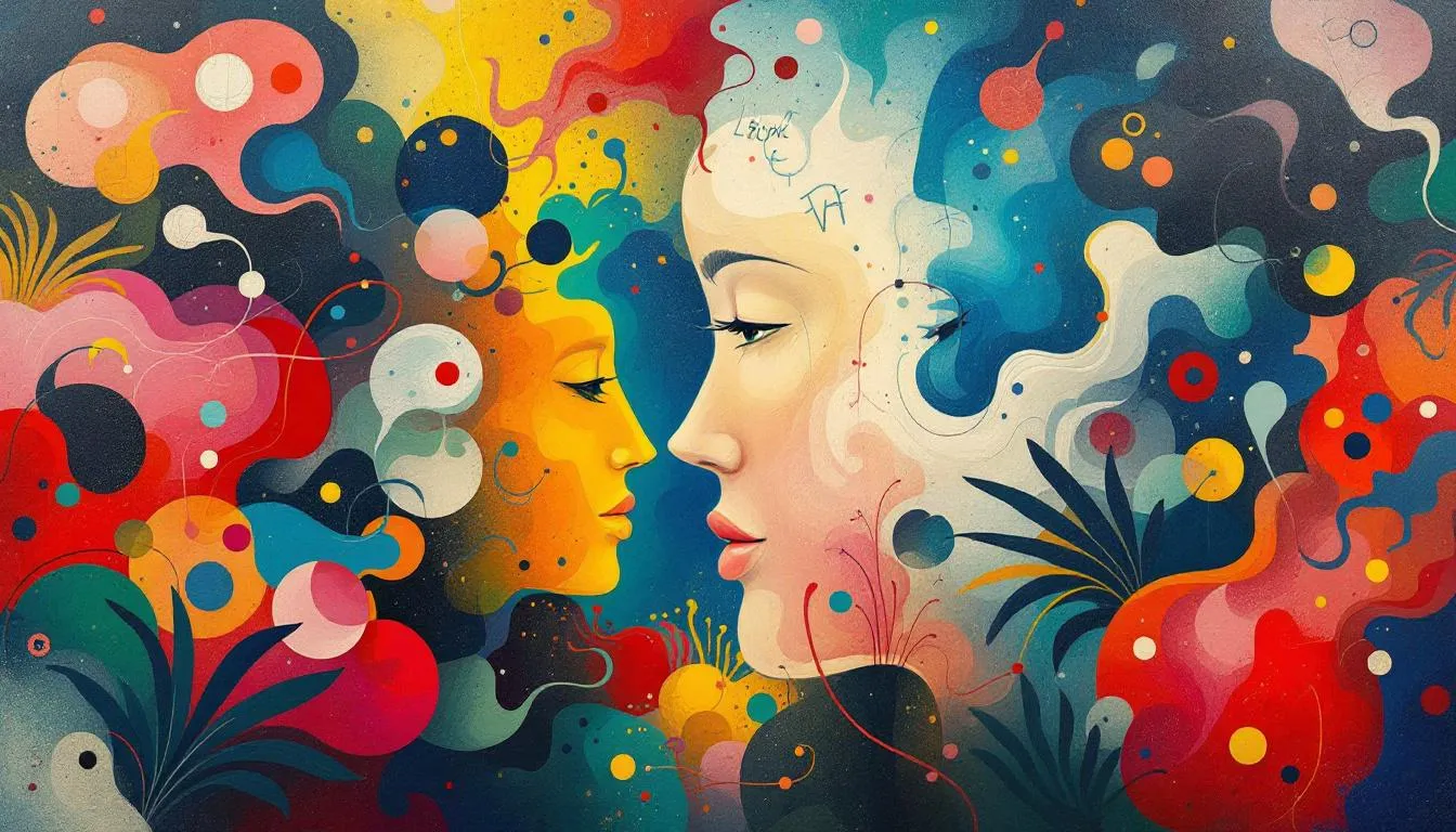 An abstract representation of a conversation filled with confusion and complexity, symbolizing word salad in narcissistic conversations.