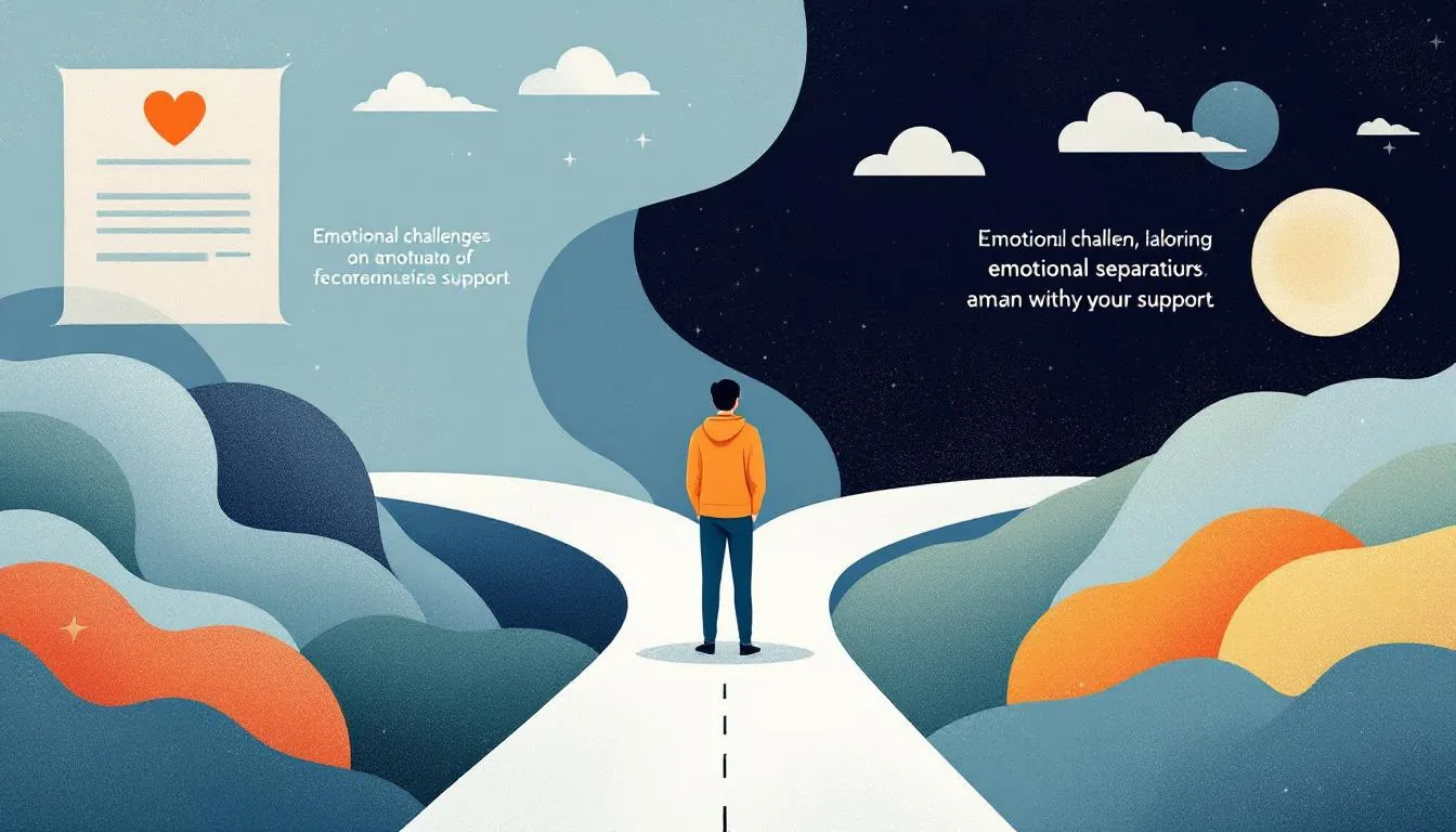 An illustration of a person navigating emotional challenges during separation or divorce, symbolizing personal growth and support.