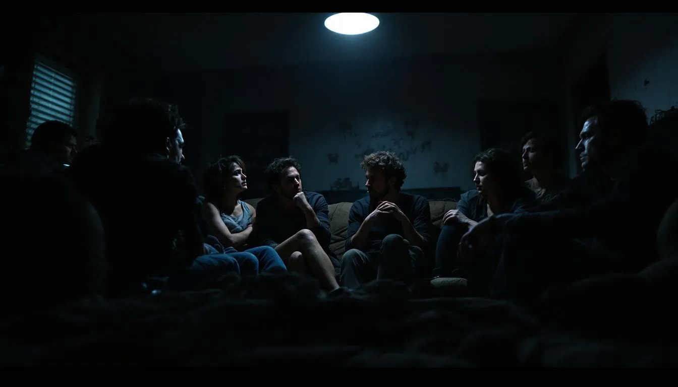 A supportive group of friends and family discussing emotional support for a gaslighting victim.