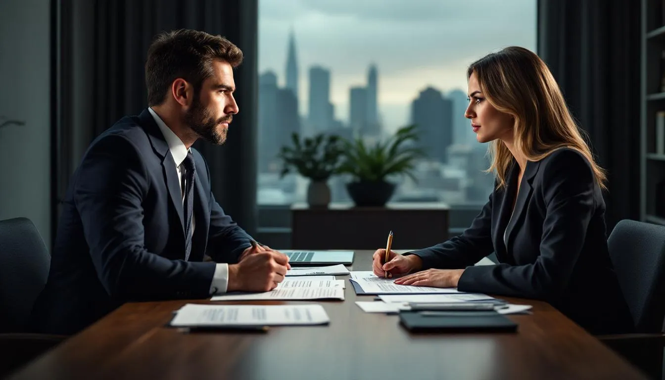 A couple in a discussion about legal obligations in divorce, highlighting the complexities of asset division.