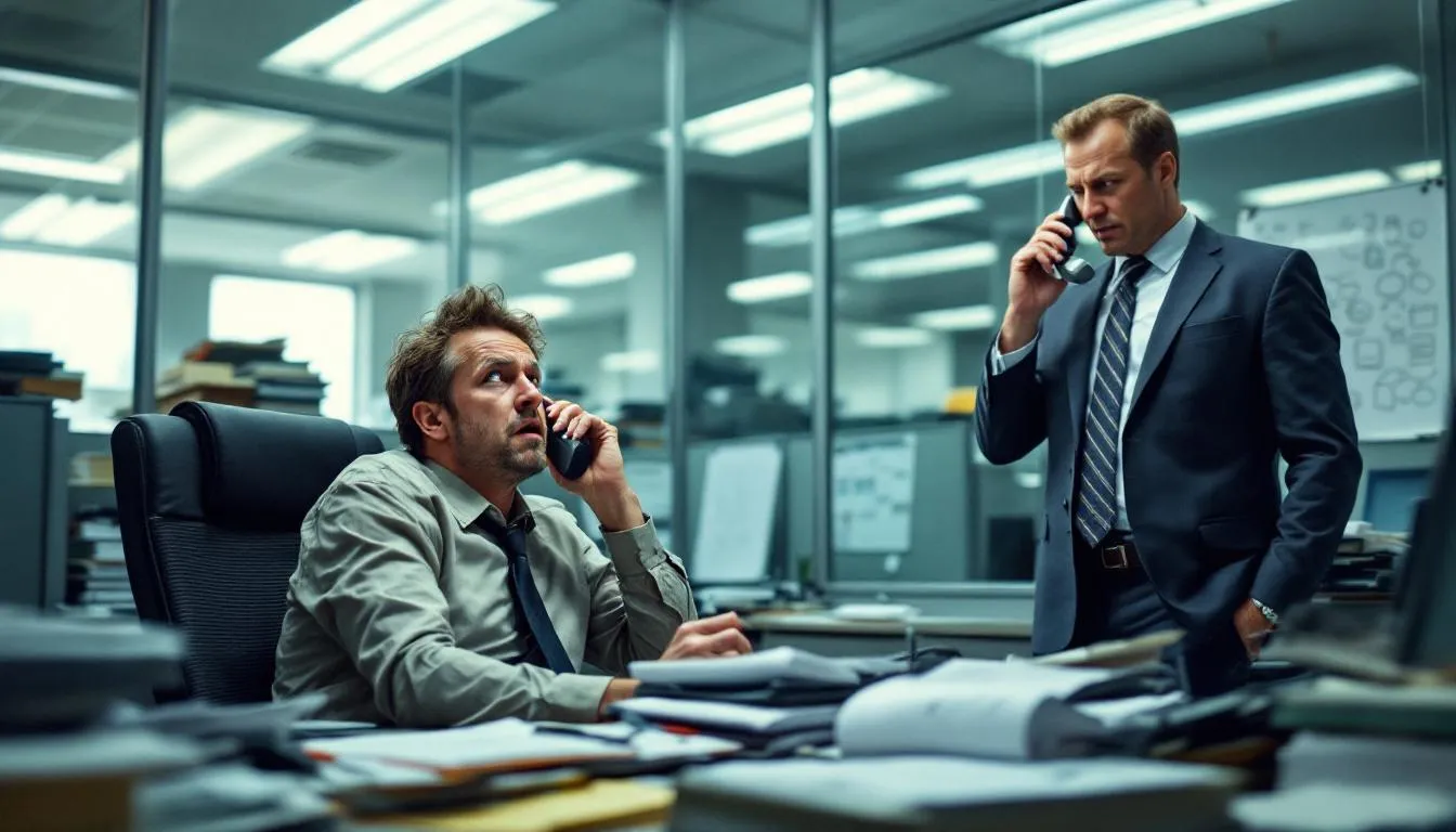 A comical office setting where a worker deals with a narcissistic coworker, reflecting the humor in workplace dynamics.