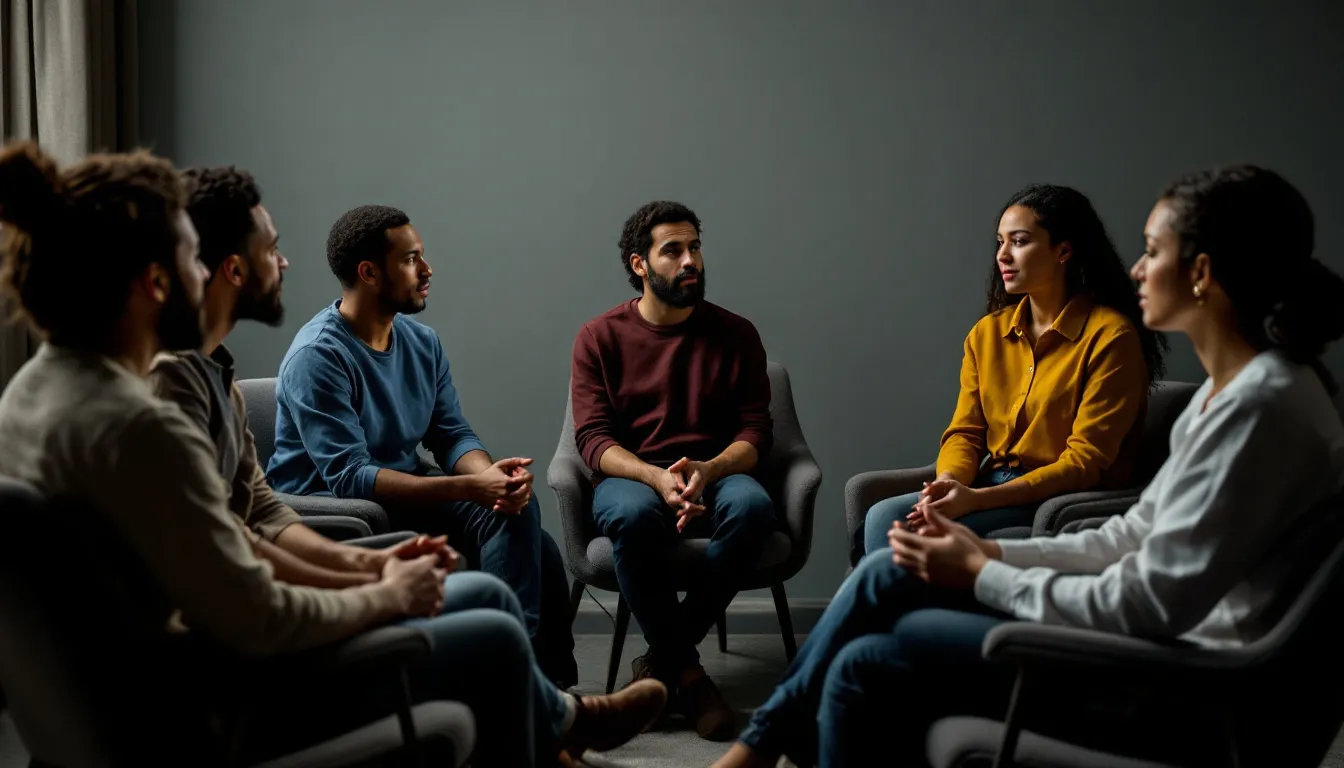 A group therapy session focused on treating narcissistic personality disorder.