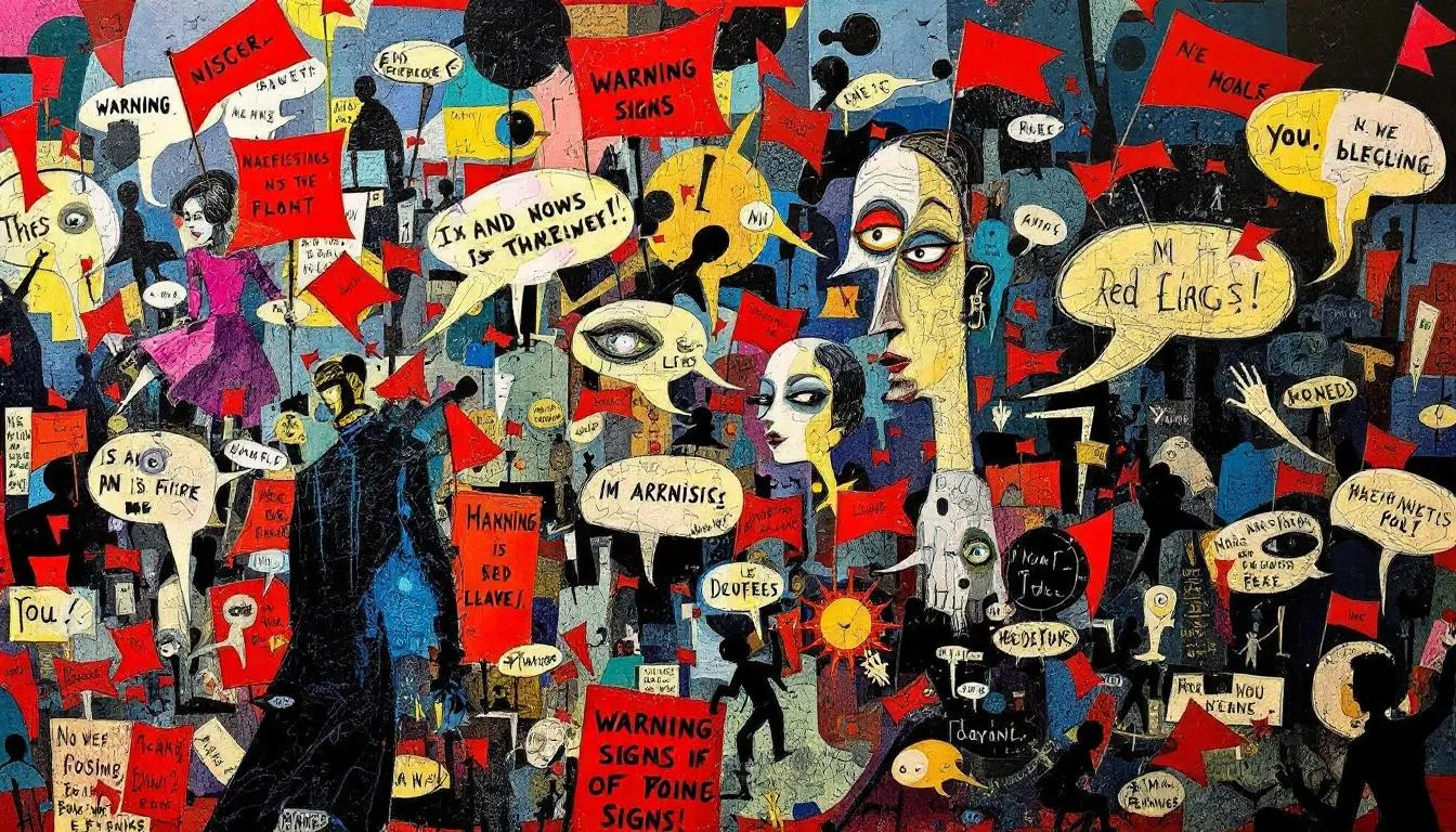 A visual representation of warning signs in a relationship, including red flags and confused expressions.