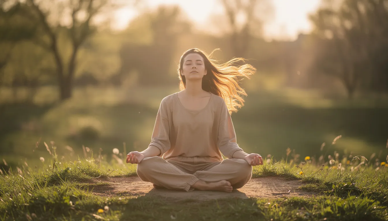 A person sits quietly outdoors, practicing meditation and focusing on their breath, surrounded by nature. This serene scene promotes mental health and self-awareness, encouraging personal growth and self-compassion.