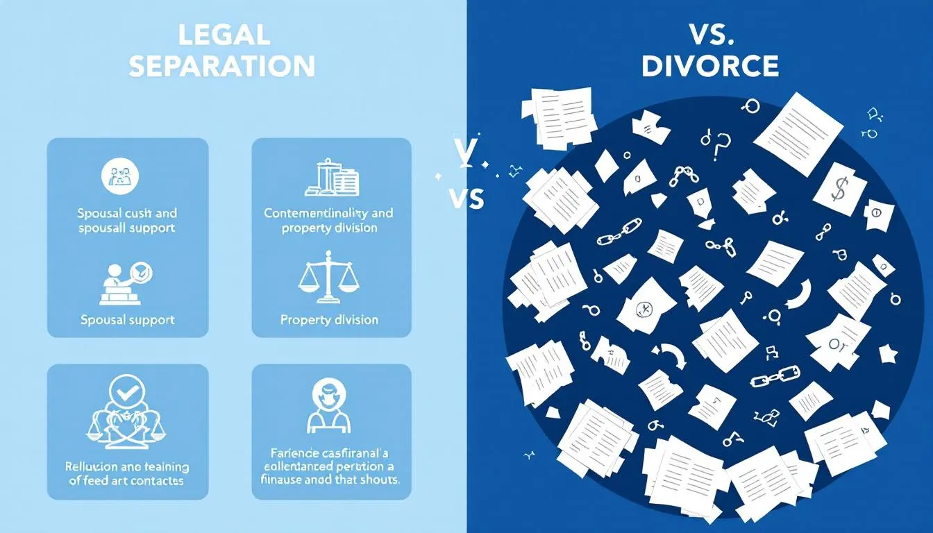 A chart comparing the financial implications of legal separation versus divorce, focusing on spousal support and property division.
