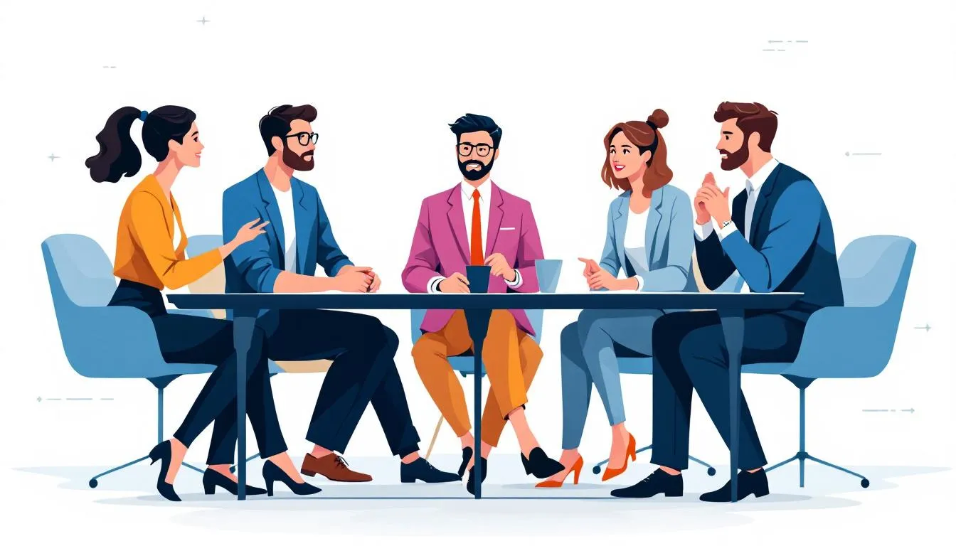 A group of professionals engaged in a meeting, showcasing overt communication.