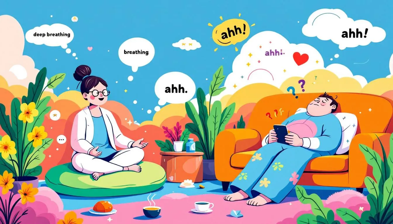 A visual representation of self-care practices, including deep breathing and relaxation techniques.