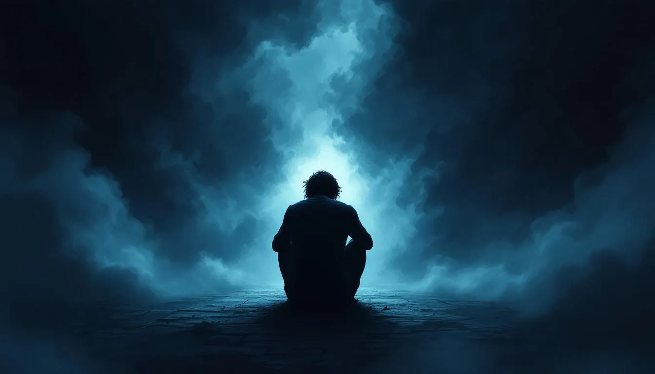 An illustration showing the emotional impact on victims of narcissistic abuse, depicting a person surrounded by dark clouds.