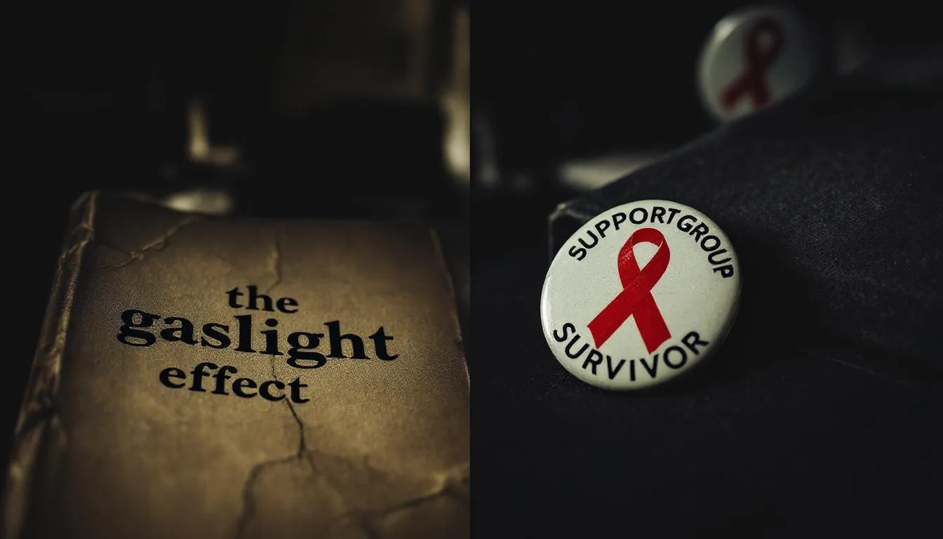 A collage of resources for survivors of gaslighting, including books and support group symbols.