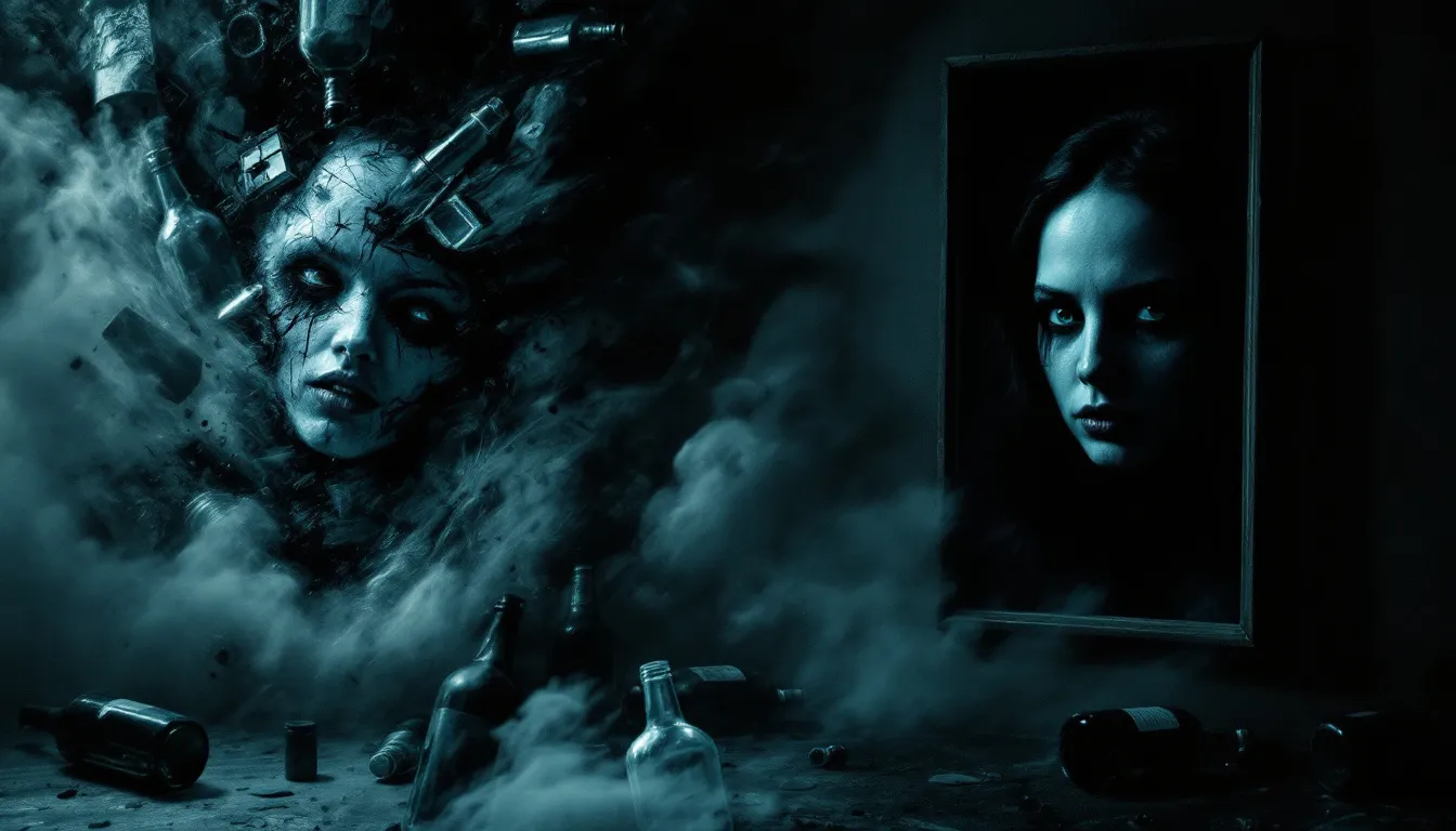 An abstract representation of the dual challenge of alcoholism and narcissistic personality disorder.